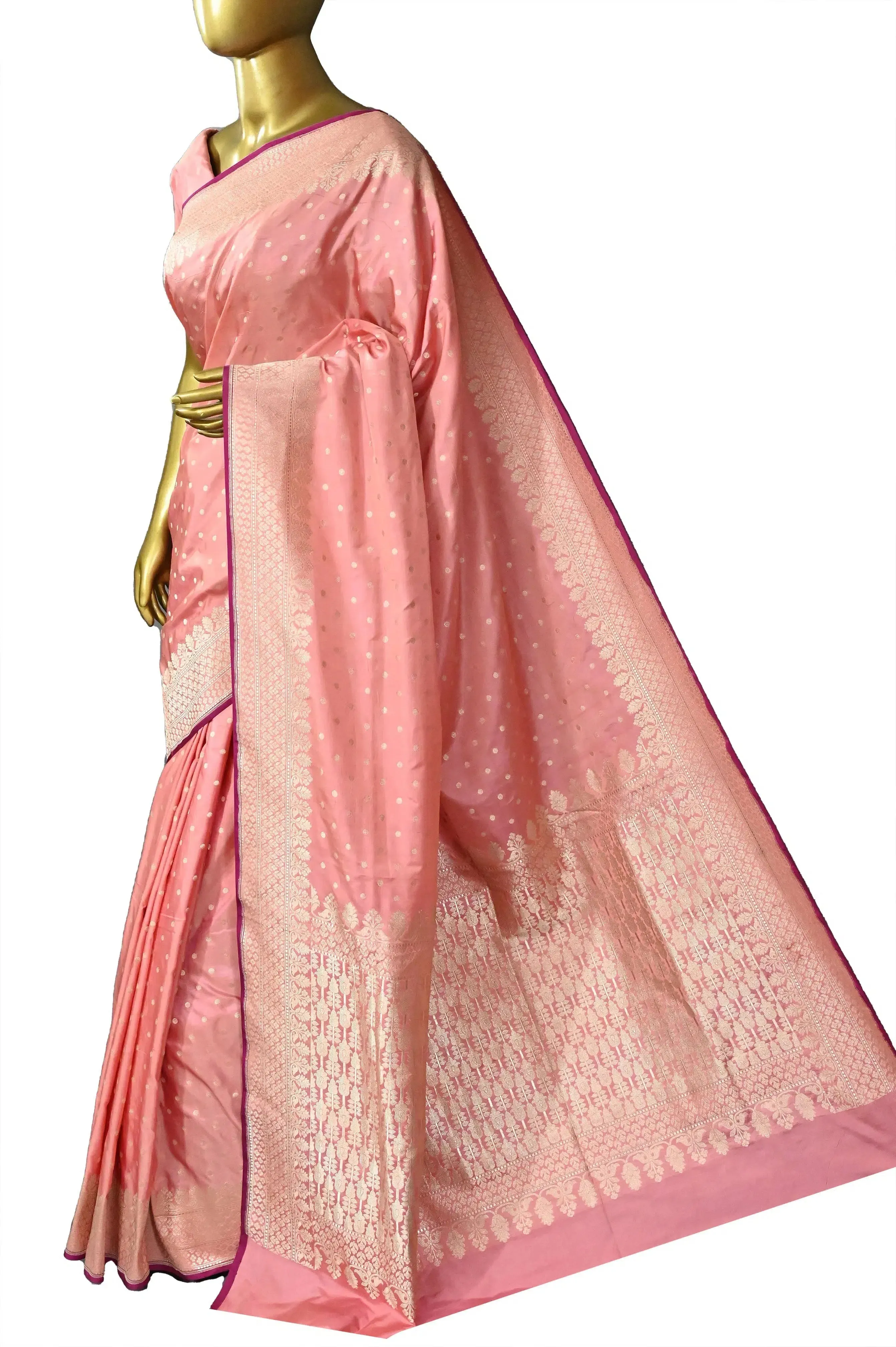 Peach Pink Color Mashru Banarasi Silk Saree with Sequin Style Zari Buti Work