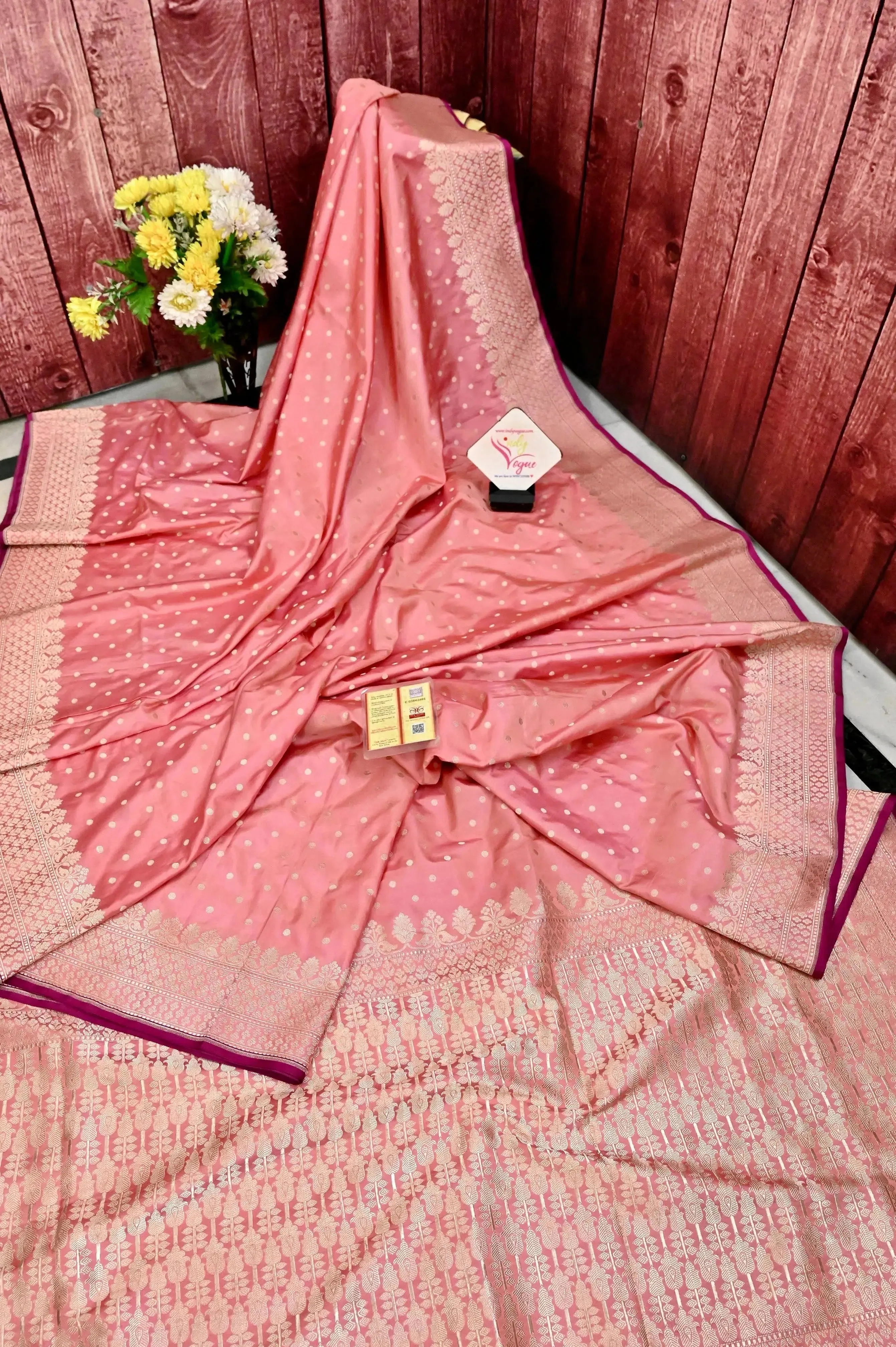 Peach Pink Color Mashru Banarasi Silk Saree with Sequin Style Zari Buti Work