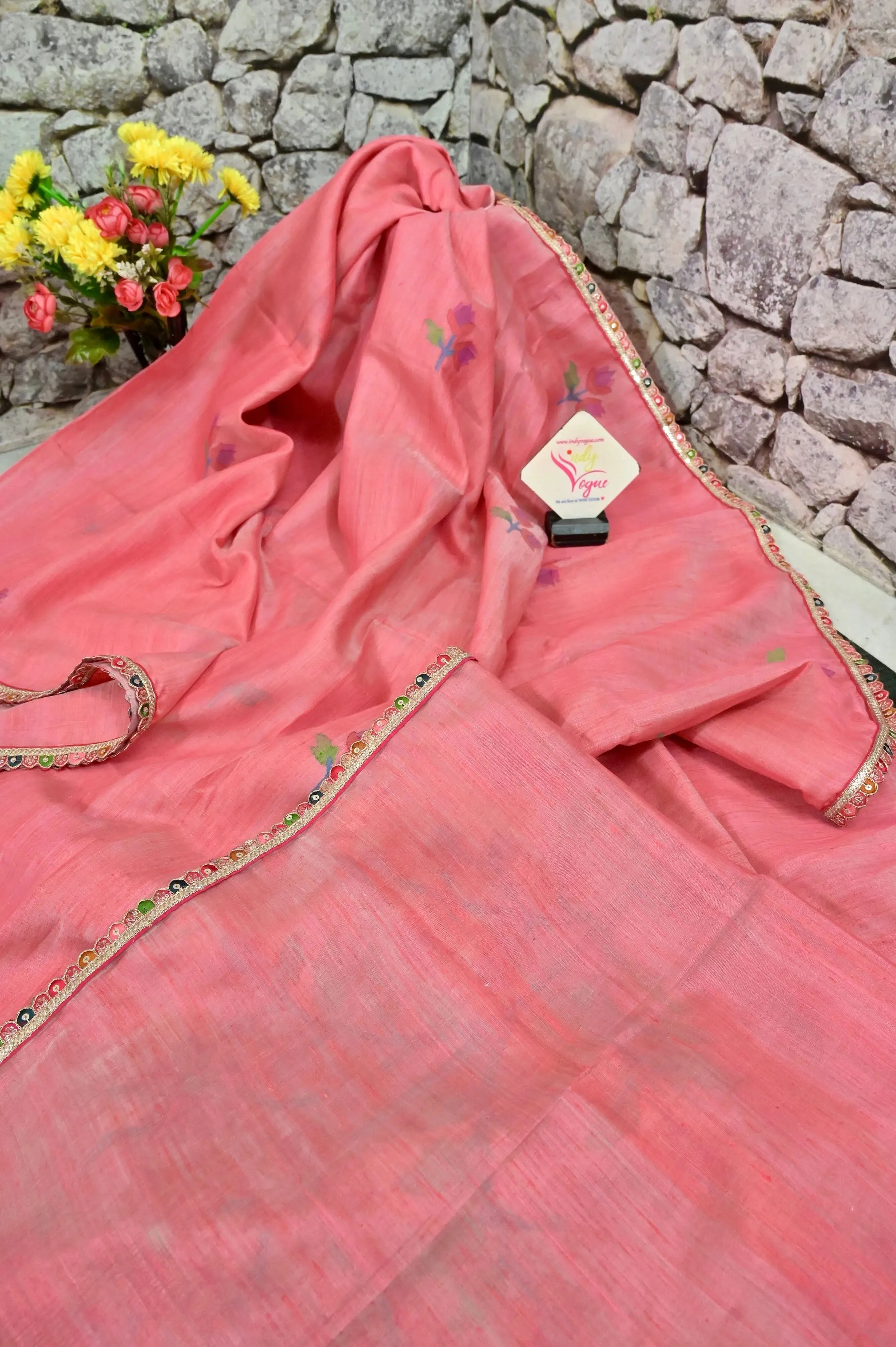 Peach Pink Color Matka Saree Jamdani with Muslin Pallu