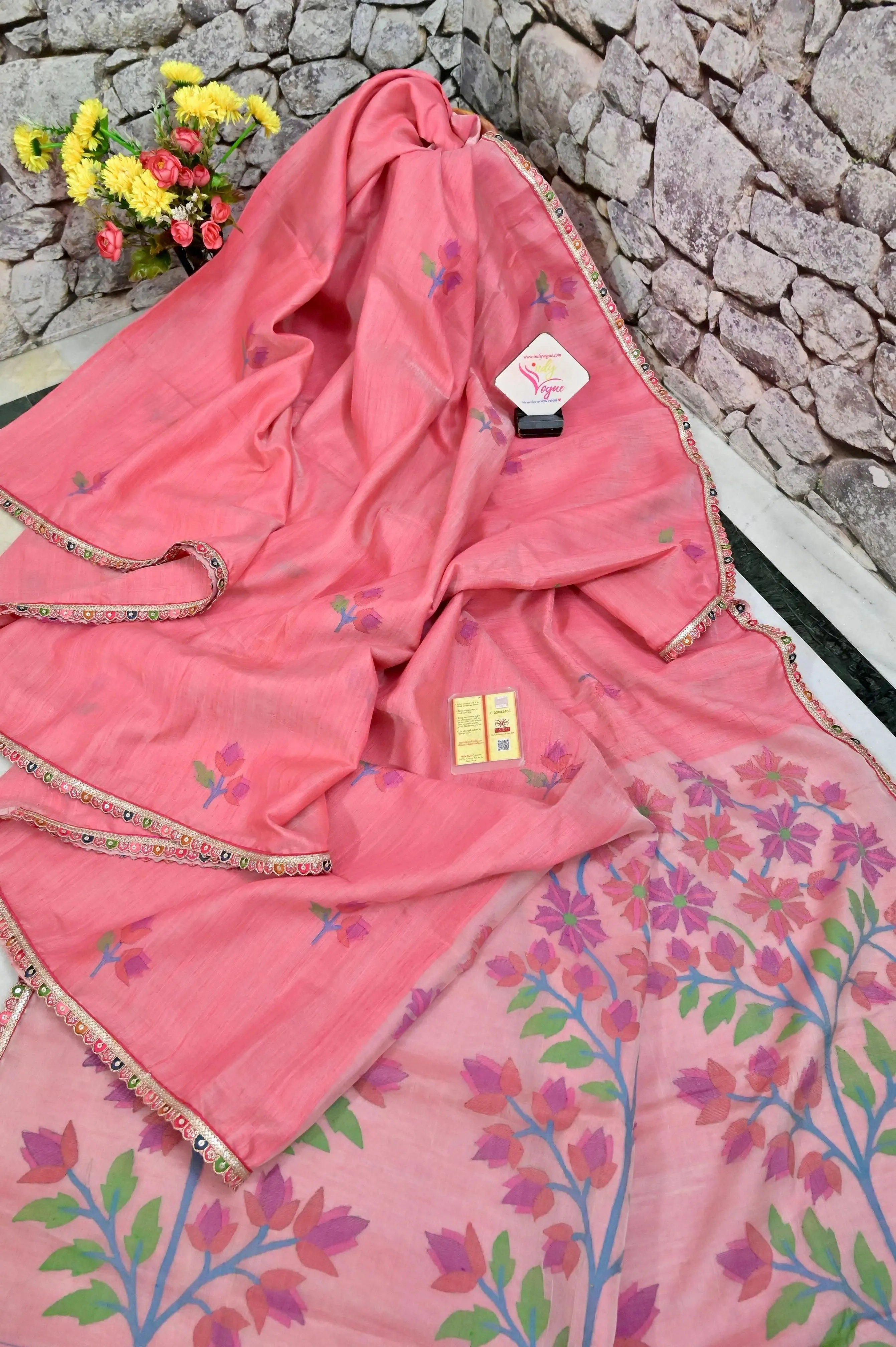 Peach Pink Color Matka Saree Jamdani with Muslin Pallu