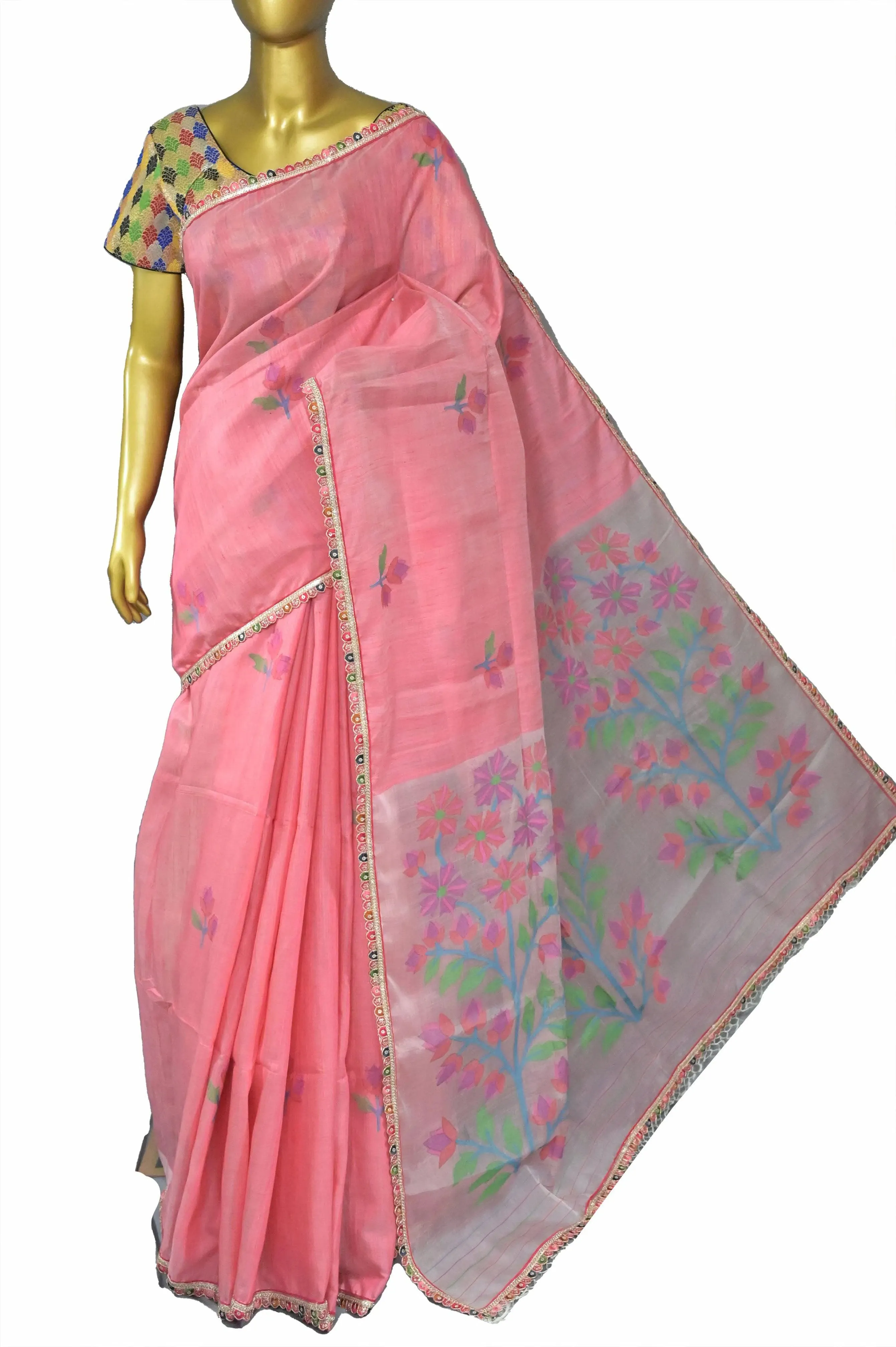 Peach Pink Color Matka Saree Jamdani with Muslin Pallu