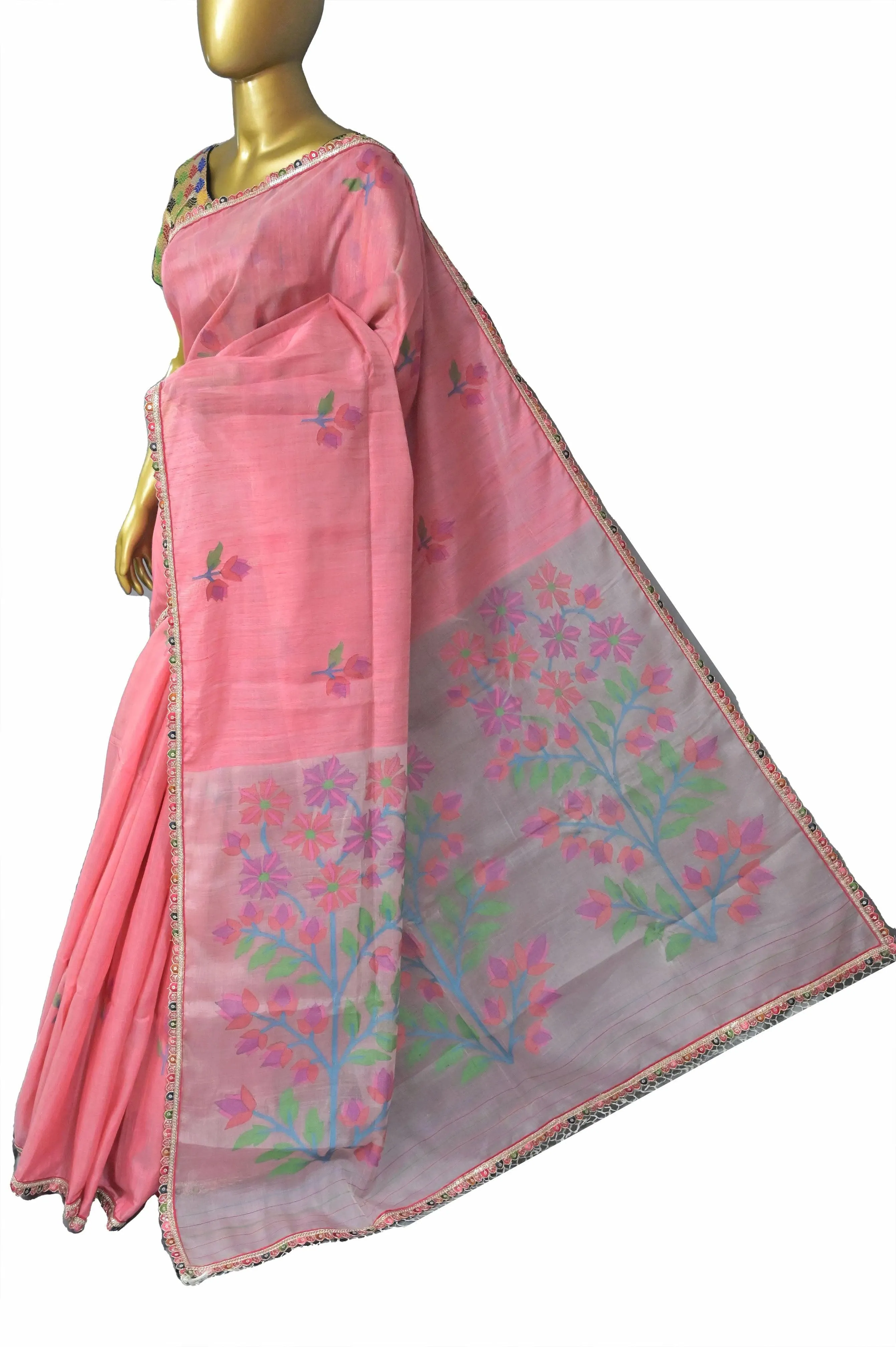 Peach Pink Color Matka Saree Jamdani with Muslin Pallu