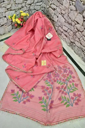 Peach Pink Color Matka Saree Jamdani with Muslin Pallu