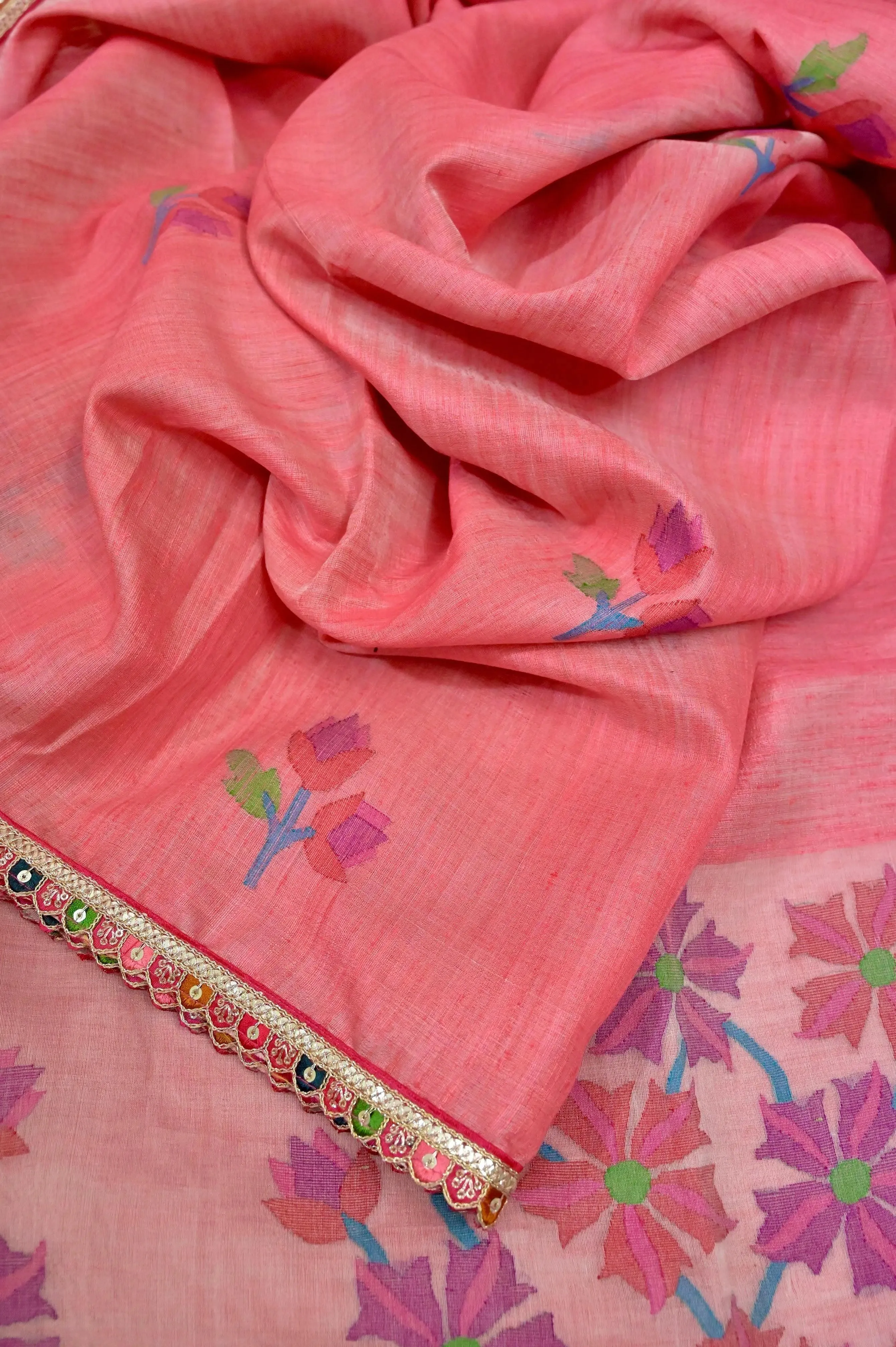 Peach Pink Color Matka Saree Jamdani with Muslin Pallu