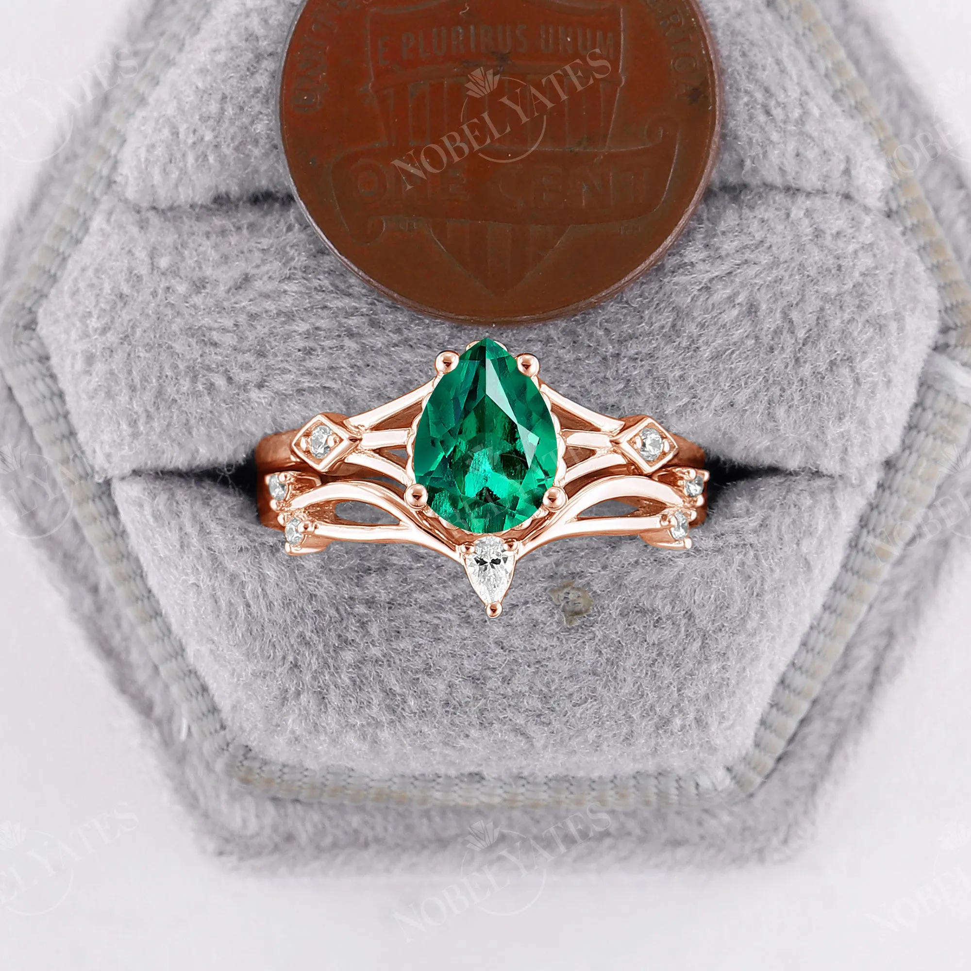 Pear Lab Emerald Vintage Engagement Ring Set Split Band Rose Gold