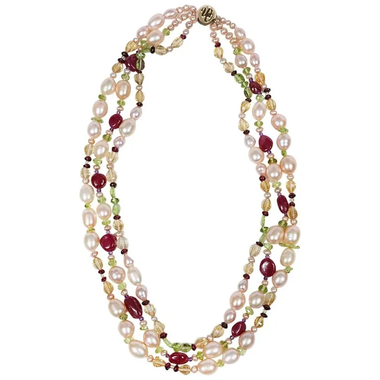 Pearl, Ruby, Citrine, Peridot, and Gold Necklace