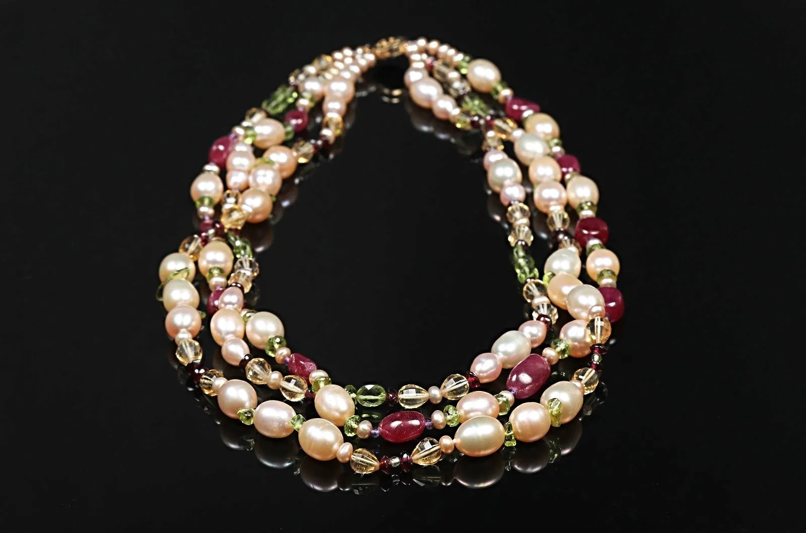 Pearl, Ruby, Citrine, Peridot, and Gold Necklace