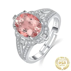 Pink Flower Oval Created Sapphire Adjustable Ring - 925 Sterling Silver