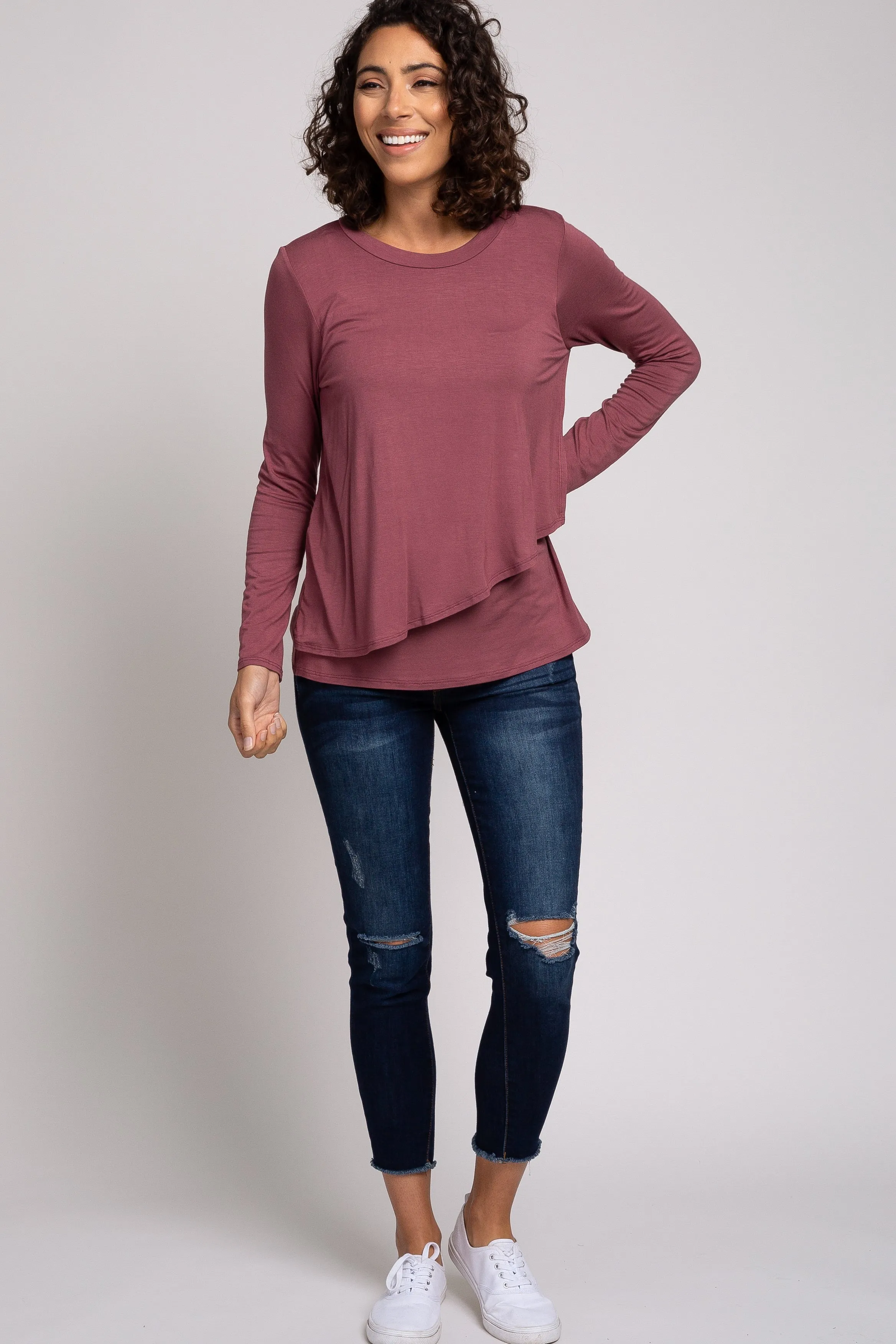 PinkBlush Mauve Solid Layered Front Long Sleeve Nursing Top