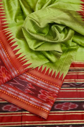 Pista Green and Red Color Raw Silk Saree with Sambalpuri Border and Pallu