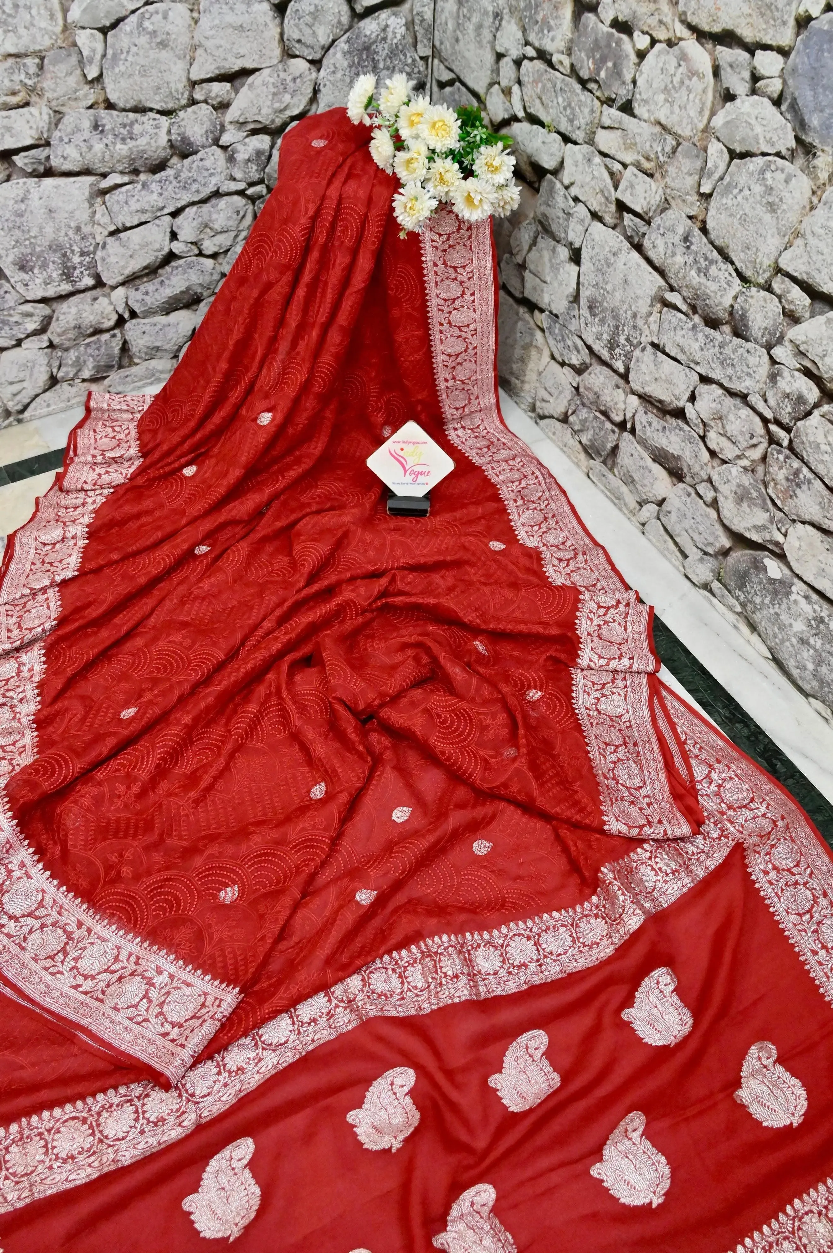 Red Color Georgette Saree with Chikankari Work