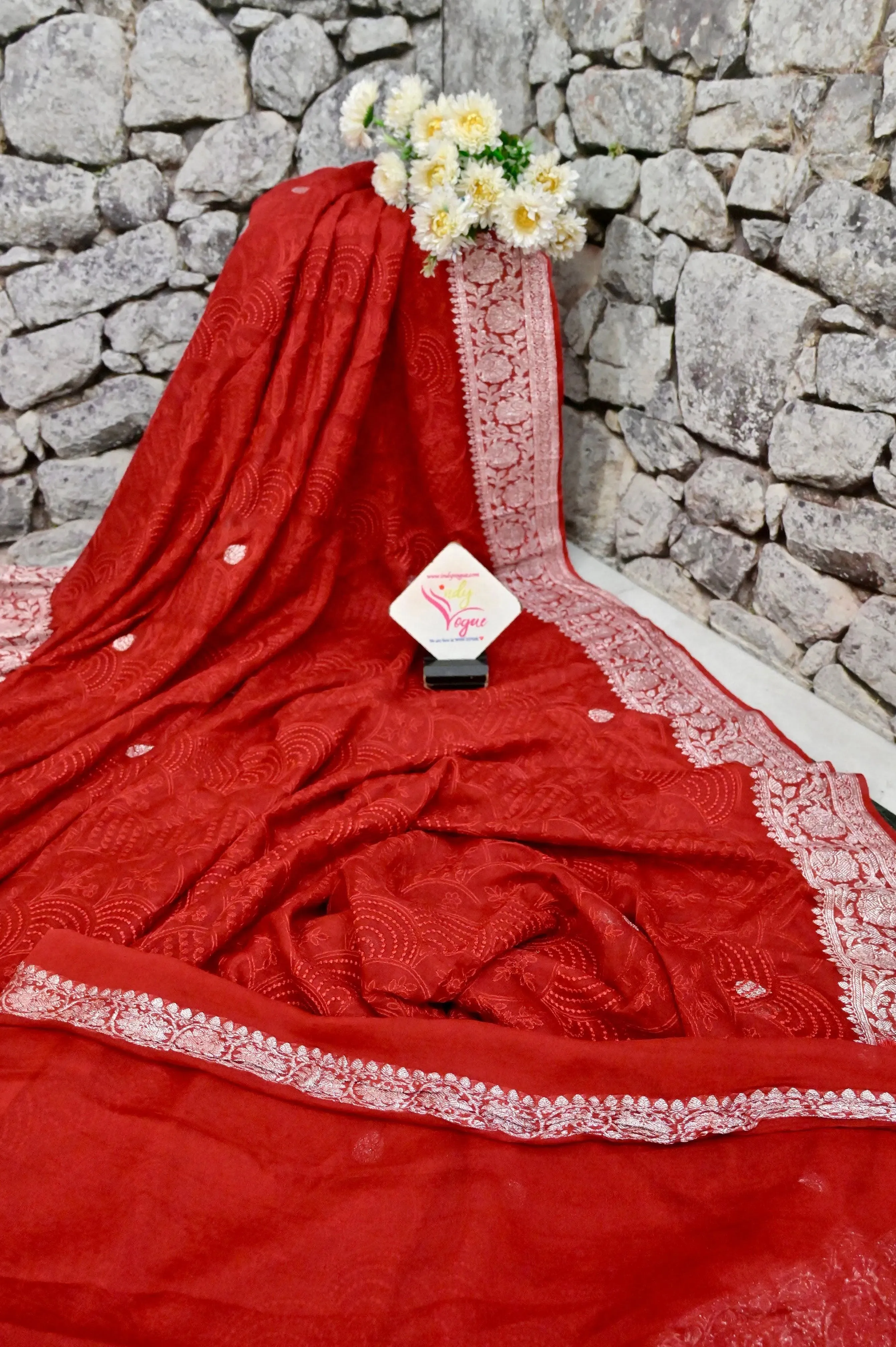 Red Color Georgette Saree with Chikankari Work