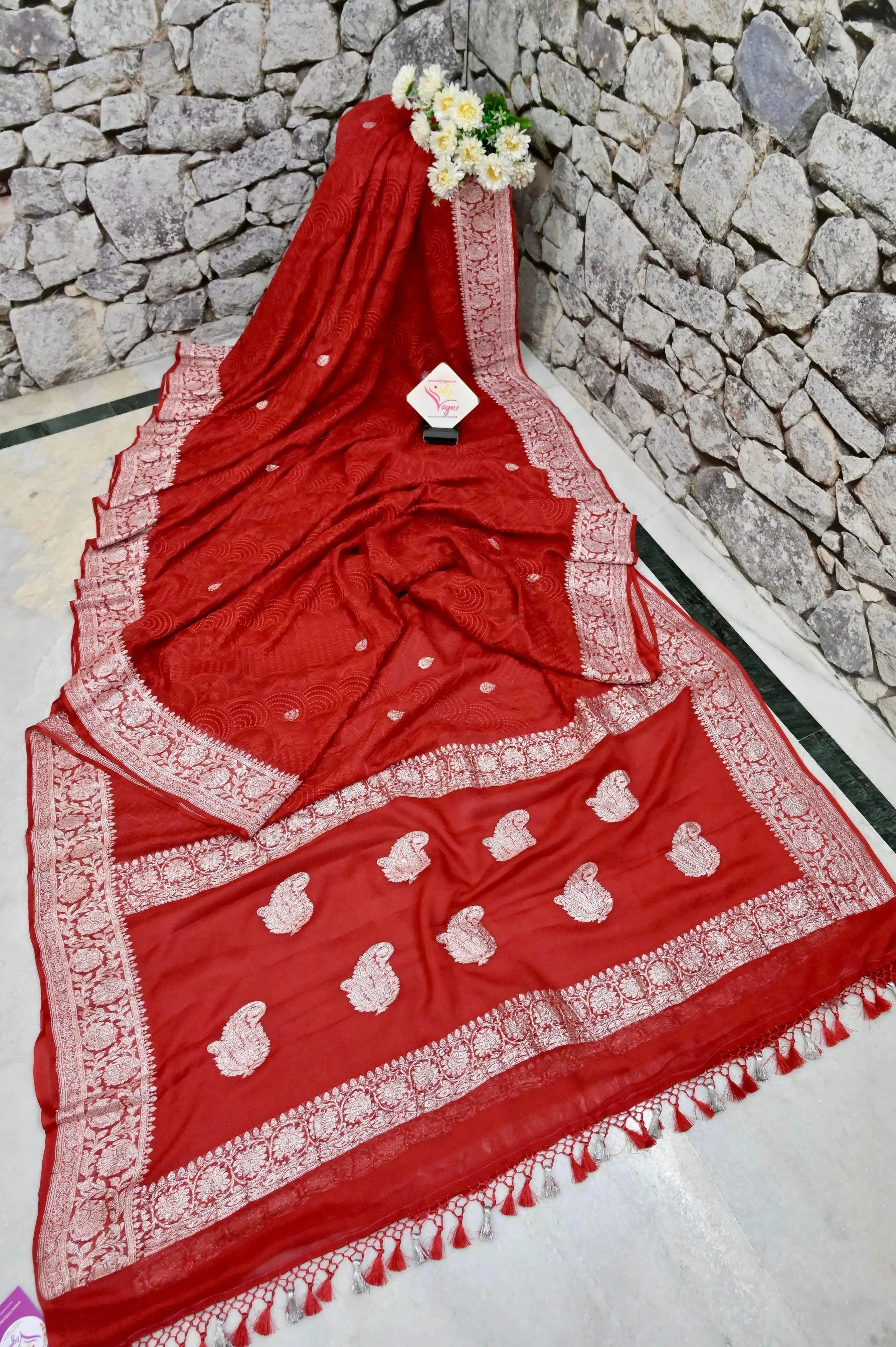 Red Color Georgette Saree with Chikankari Work