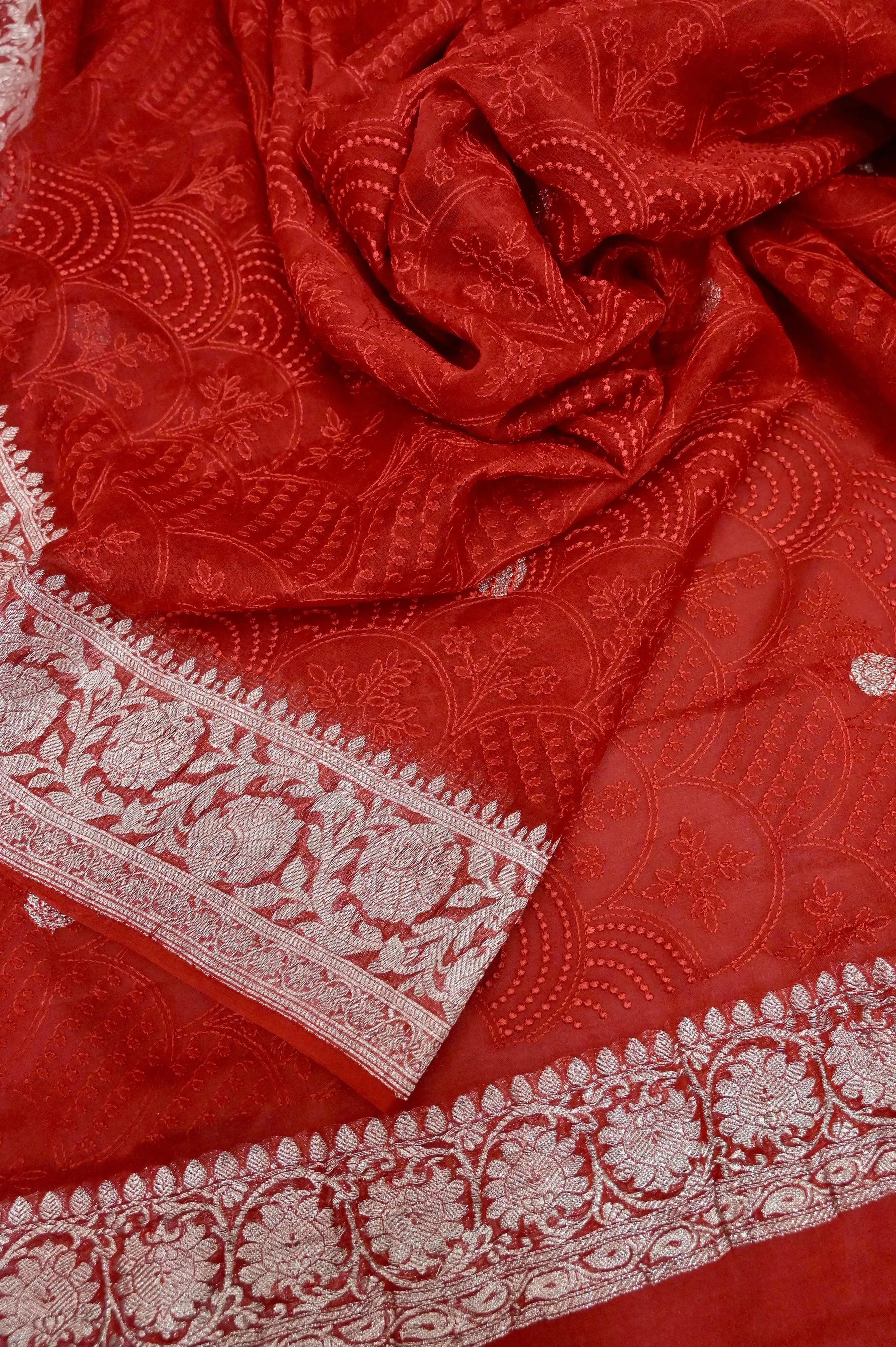 Red Color Georgette Saree with Chikankari Work