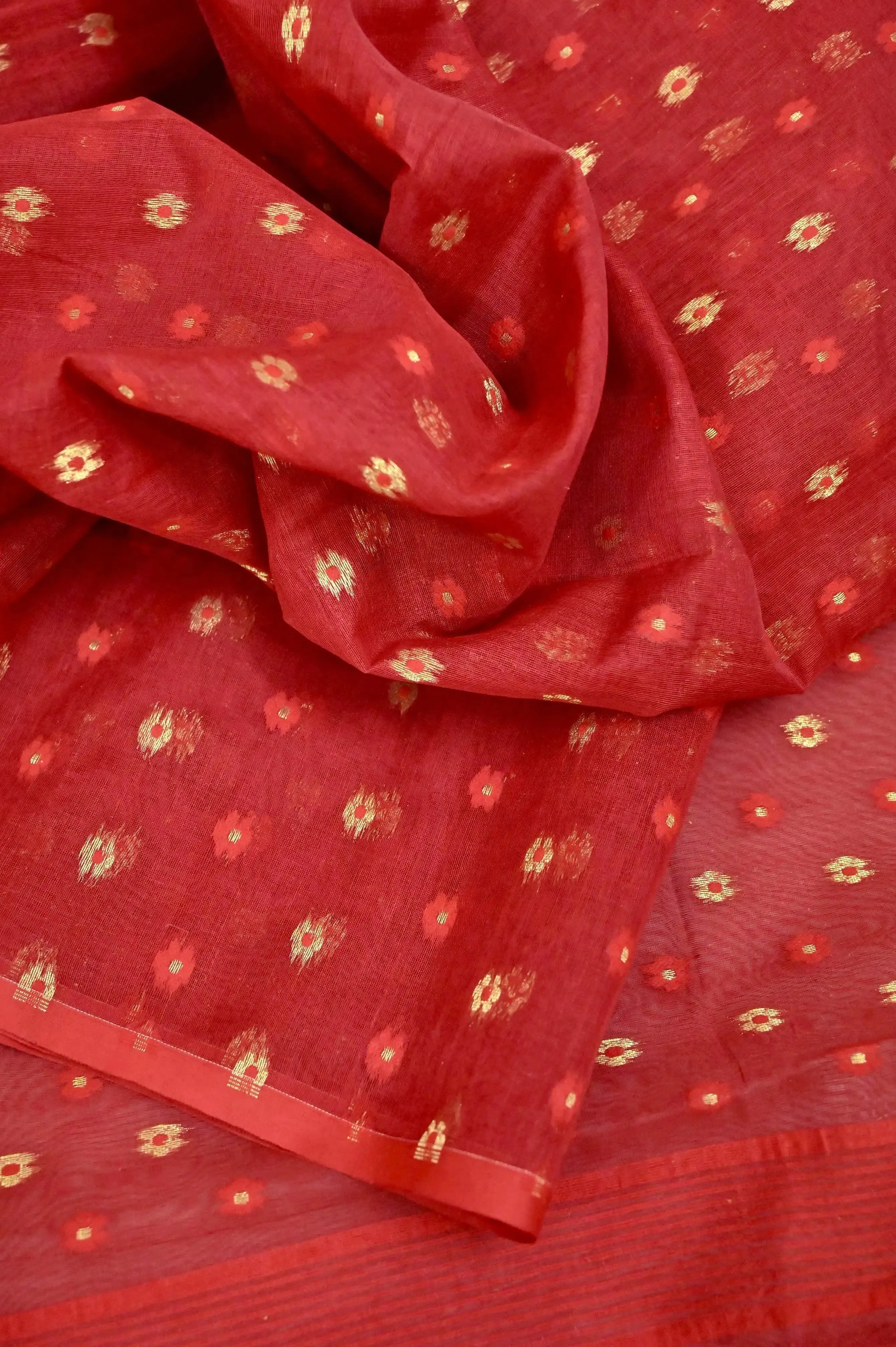 Red Color Jamdani Saree with Zari and Self Butta Weaving