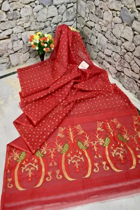 Red Color Jamdani Saree with Zari and Self Butta Weaving