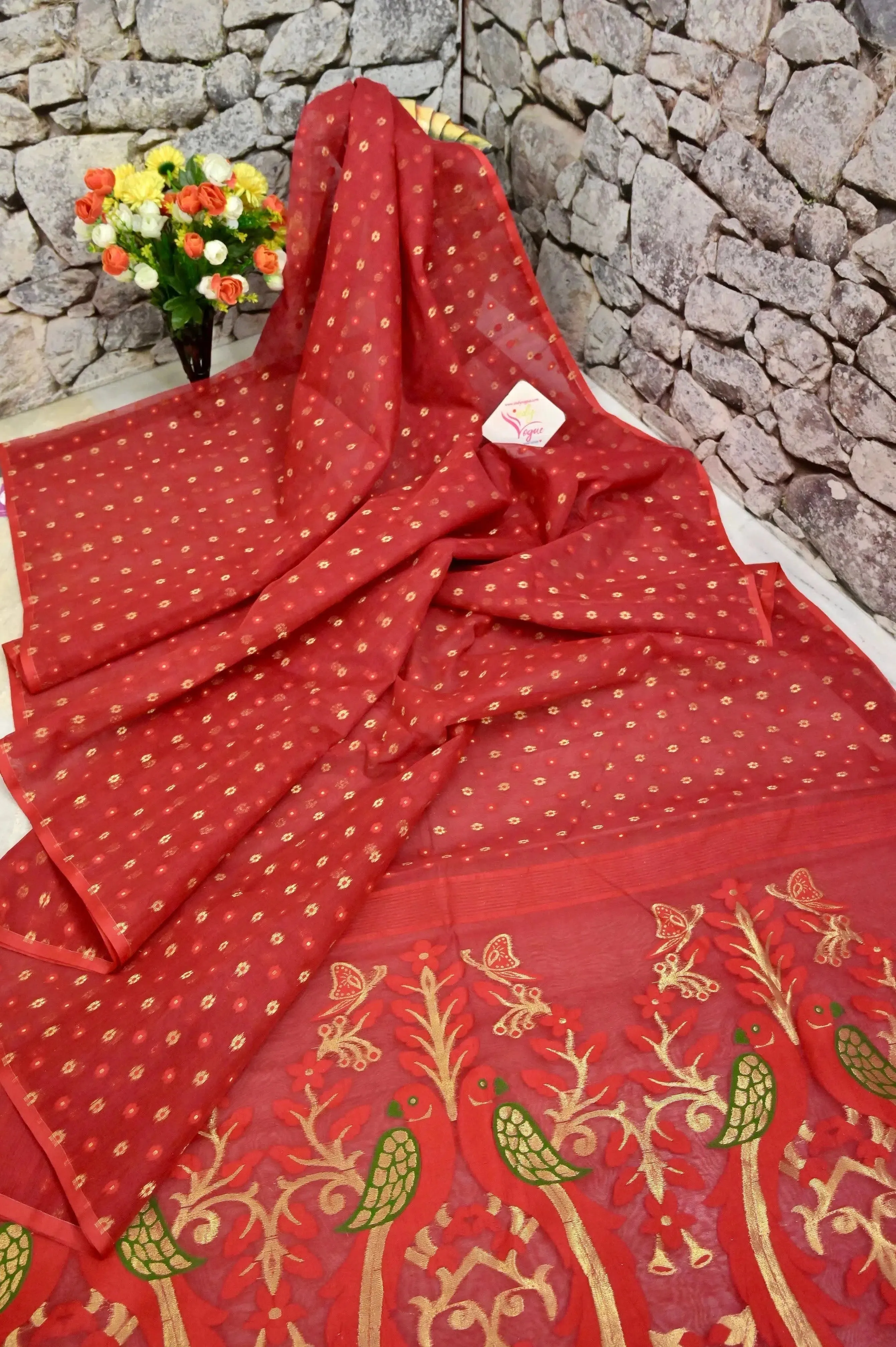 Red Color Jamdani Saree with Zari and Self Butta Weaving