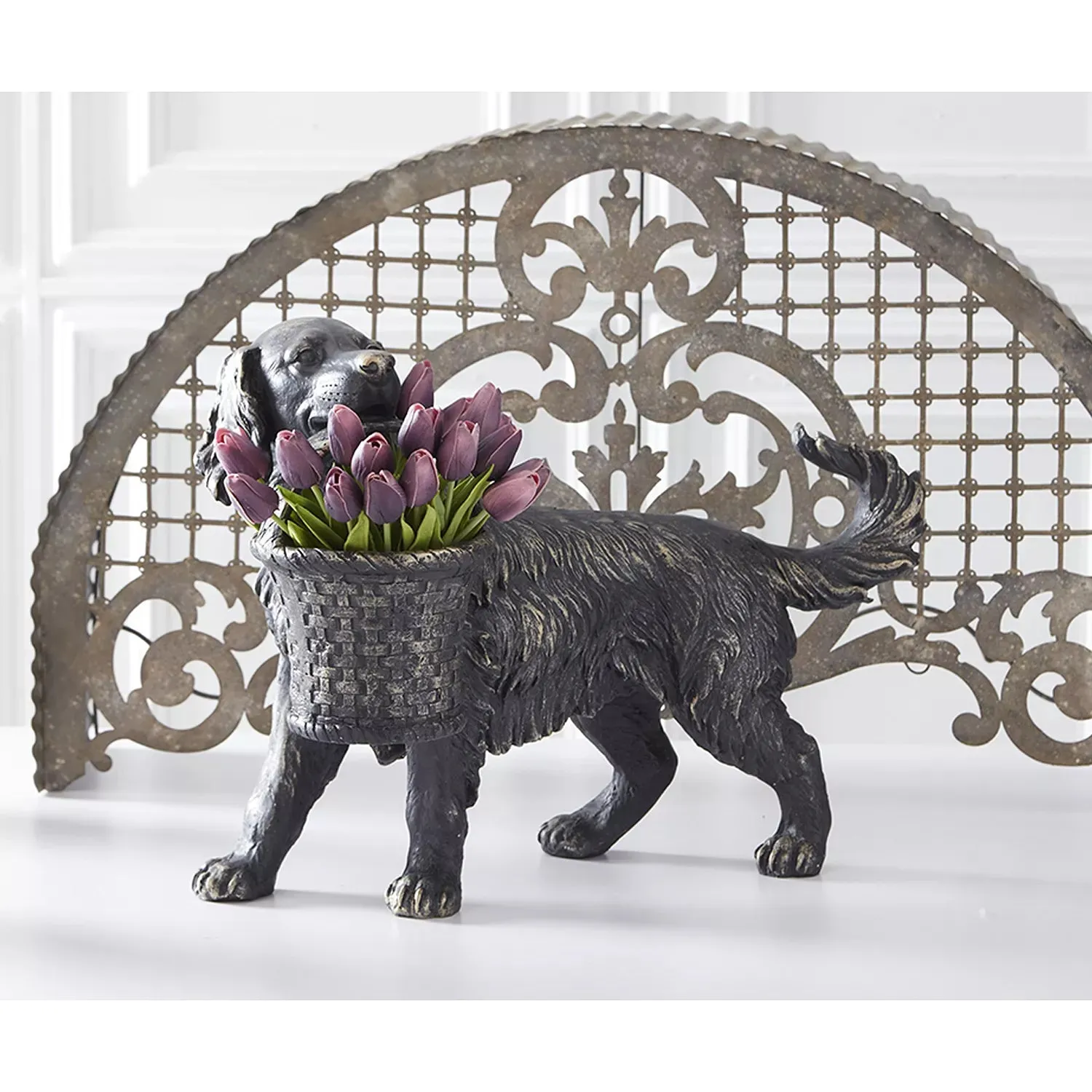 Resin Black & Gold Dog Statue with Basket Planter