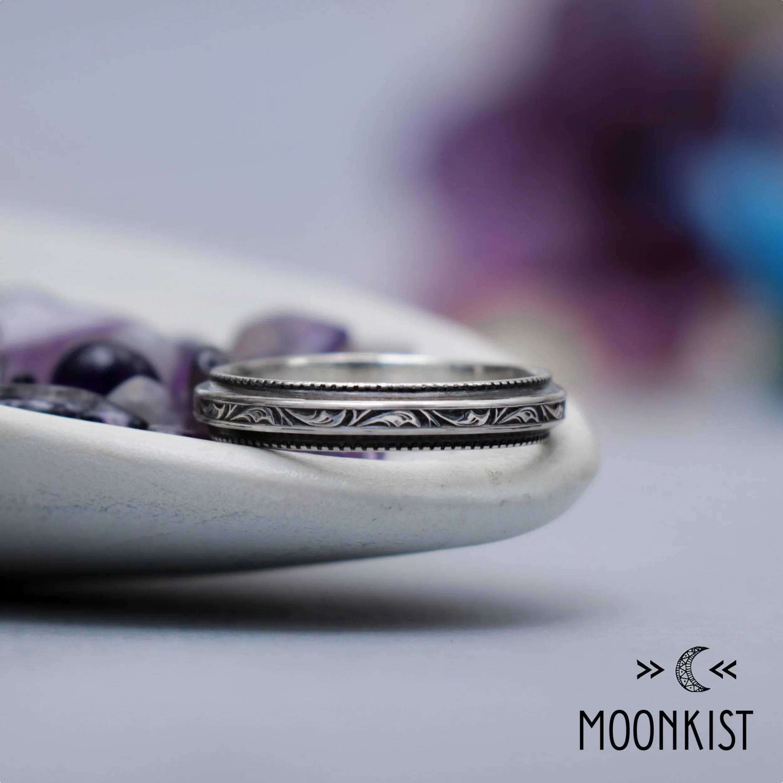 Silver Edwardian Engraved Milgrain Wedding Band | Moonkist Designs