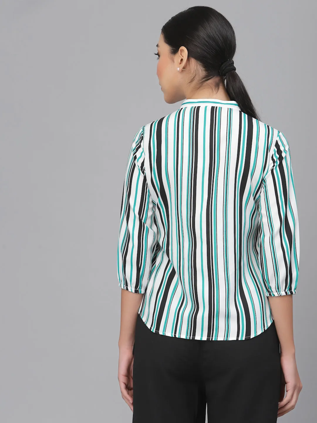 Style Quotient Women Green Smart Striped Formal Shirt