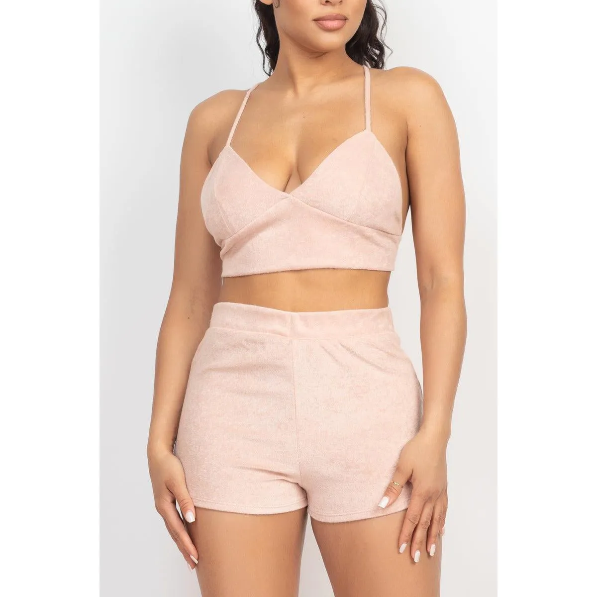 Terry Towel Bralette Top & Mini Shorts Set