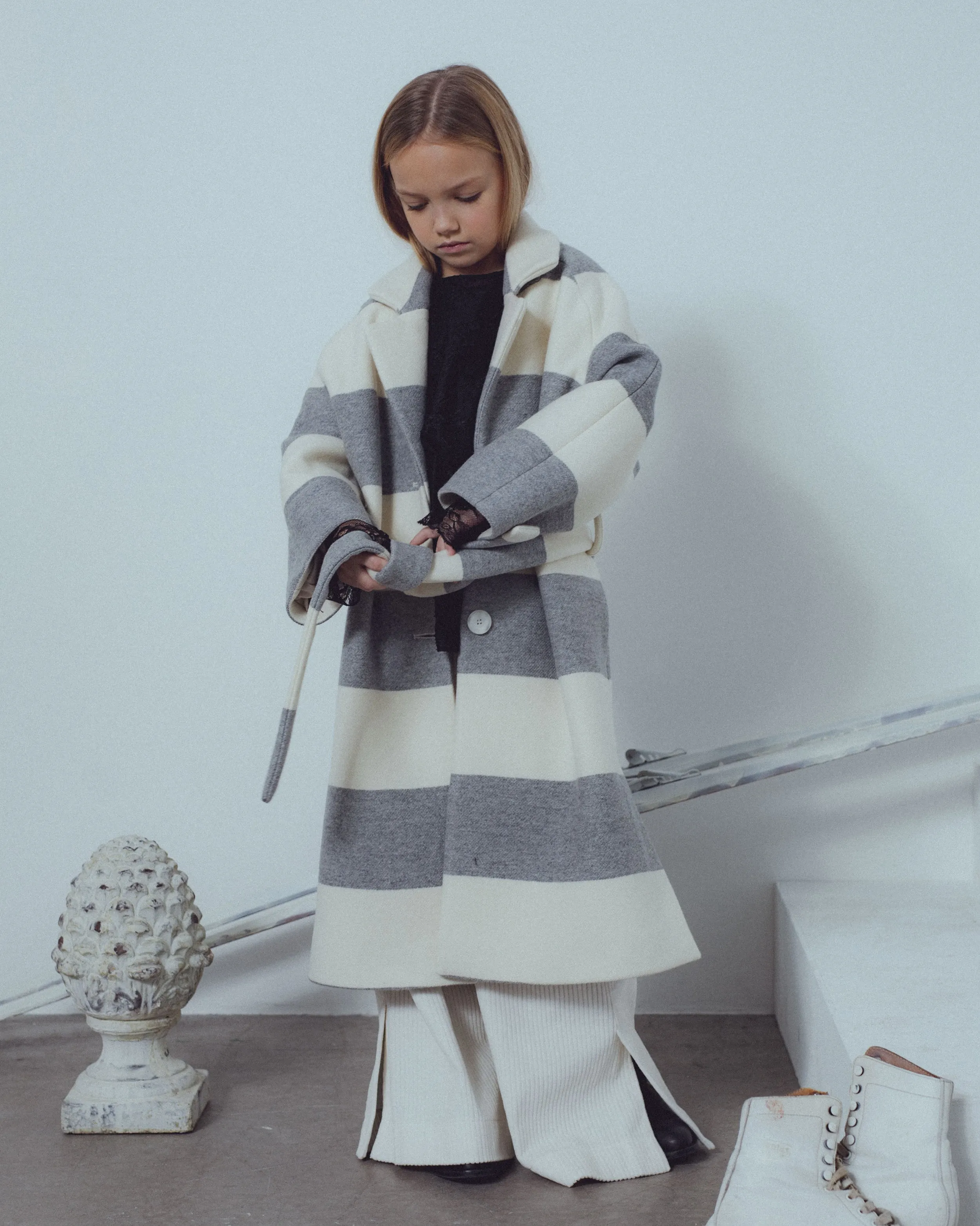 UNLABEL FW23 Friendly Coat in Milk and Grey Stripes