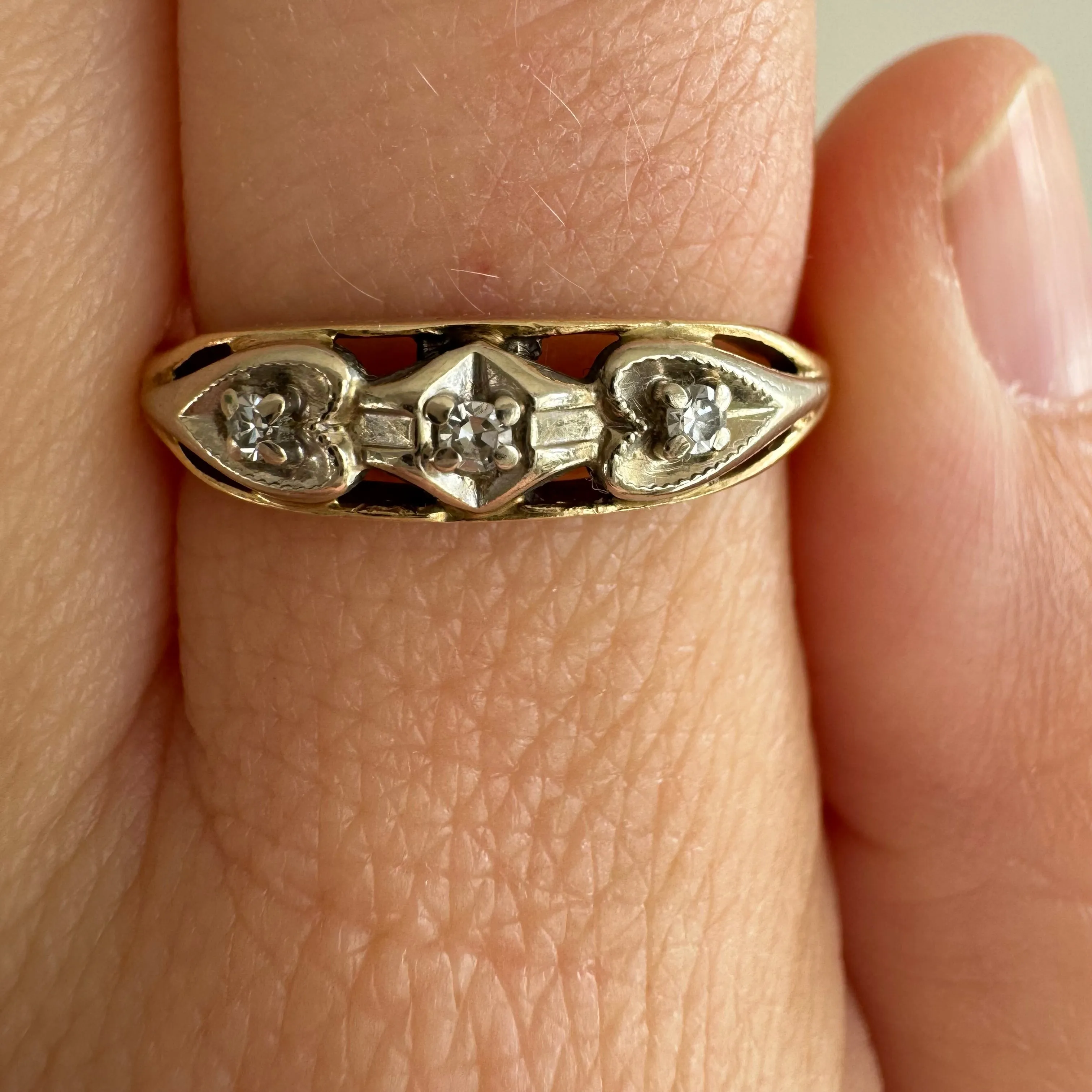 V I N T A G E // mid century romance / 14k bicolor heart band with diamonds / size 8.5