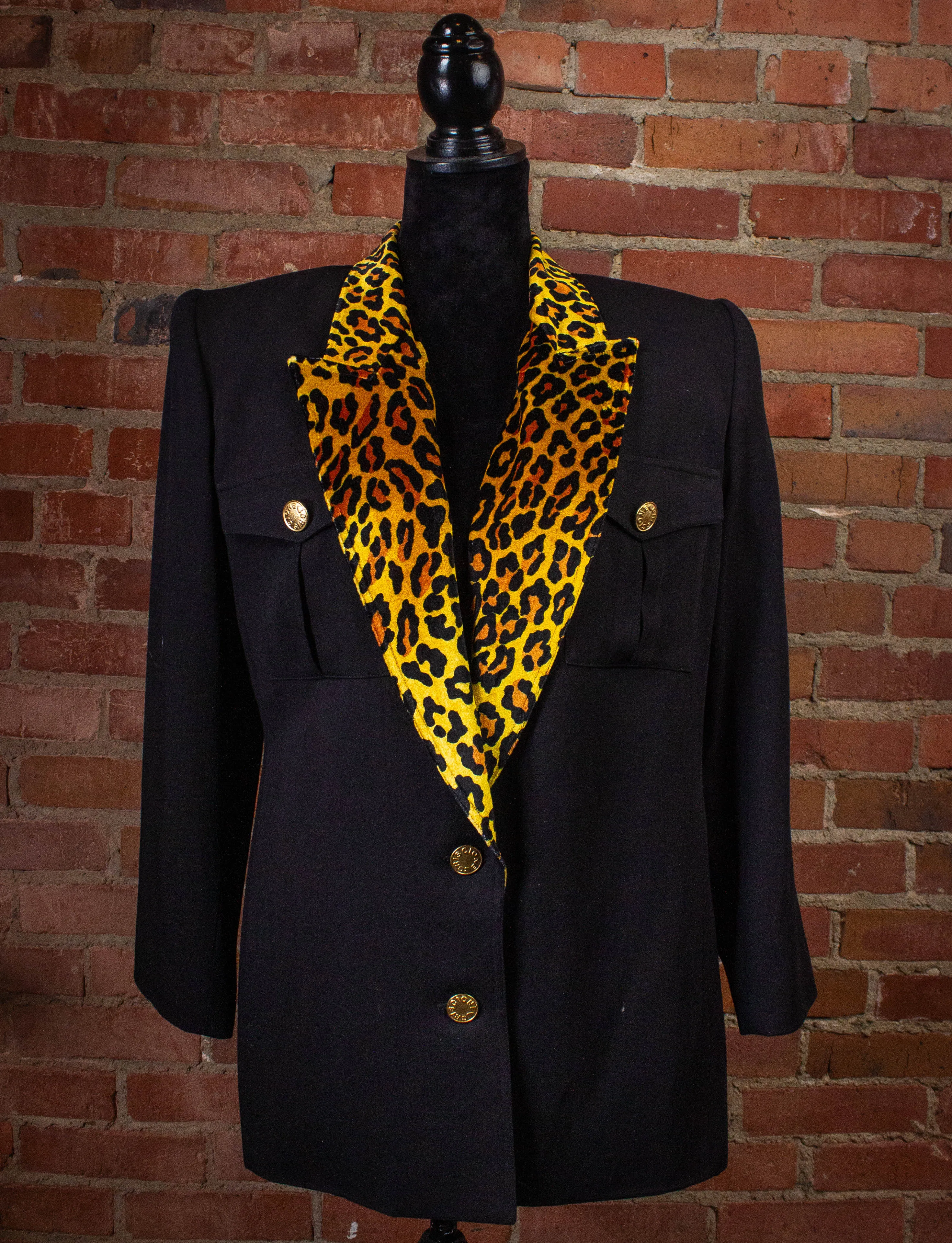 Vintage Criscione Black and Cheetah Print Collar Blazer 90s Medium