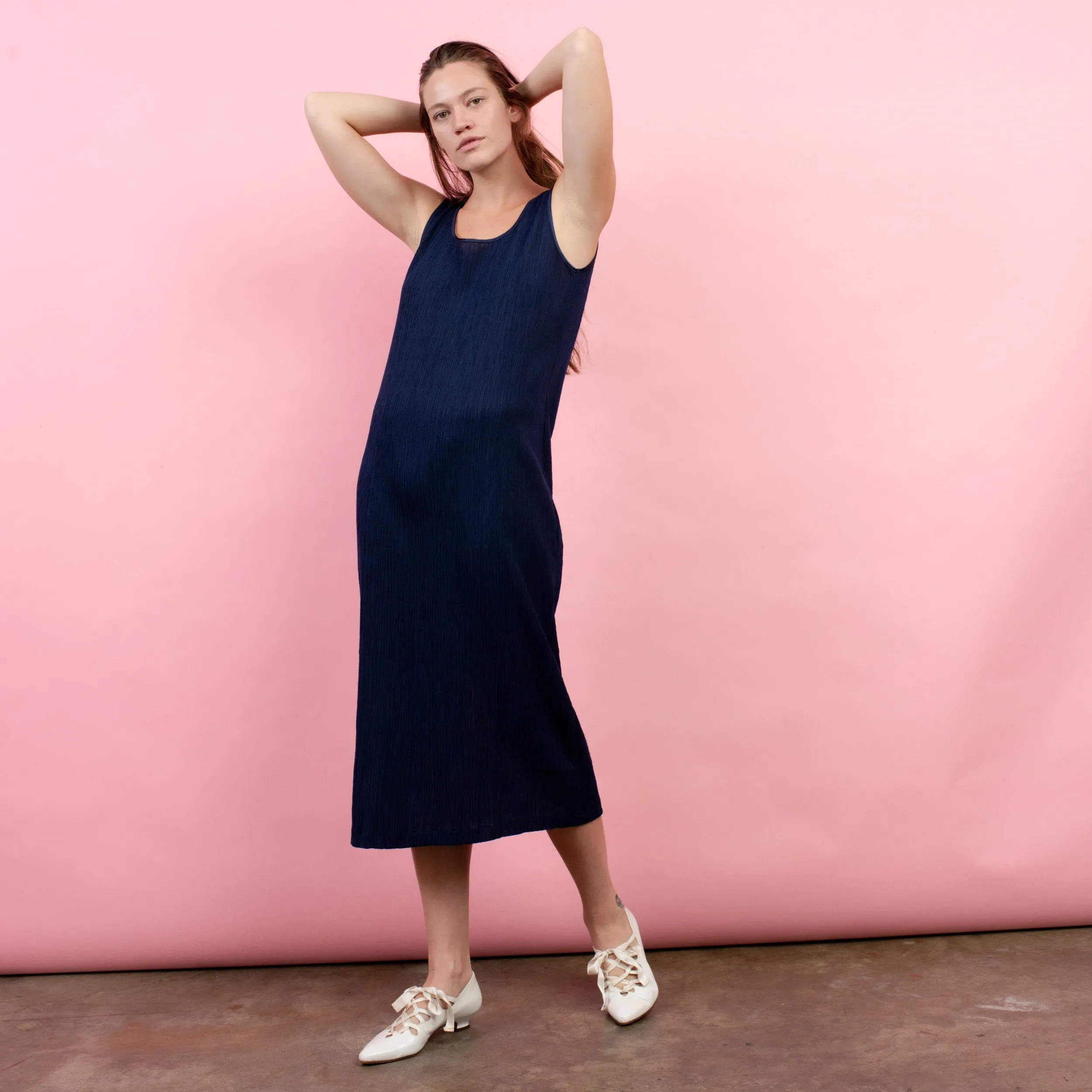 Vintage Navy Crinkle Maxi Dress (S)