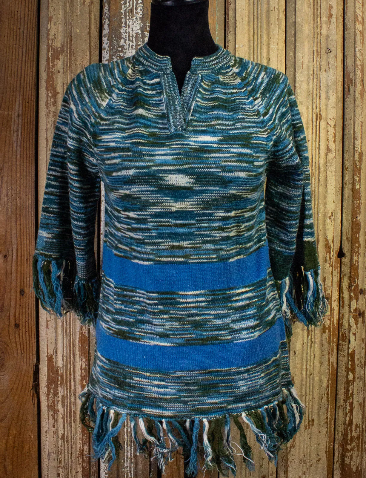 Vintage Pullover Fringe Sweater 70s Blue/Green Small