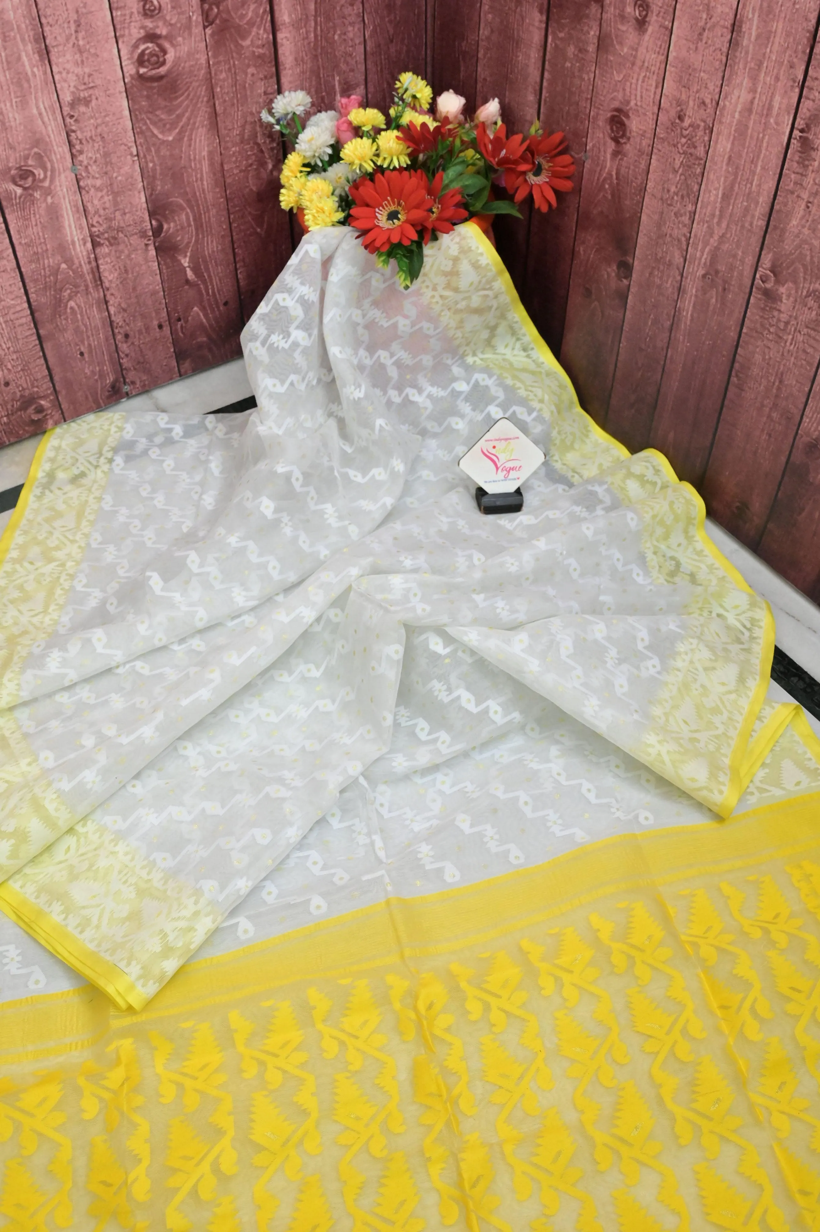 White and Yellow Color Jamdani Saree