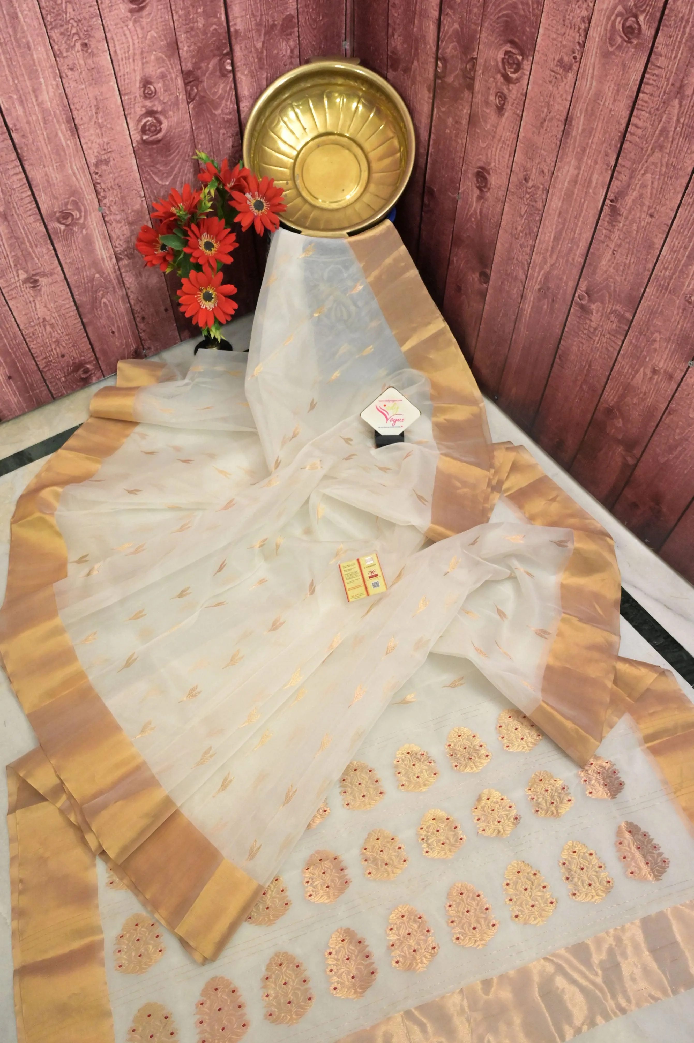 White Color Pure Chanderi Banarasi with Golden Buti Work