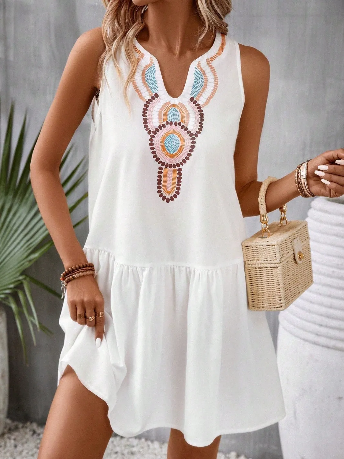 White Printed Sleeveless Mini Dress