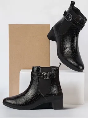 Women Black Flared Heel High Ankle Leopard Print Embossed Design Winter Buckle Strap Chelsea Boots