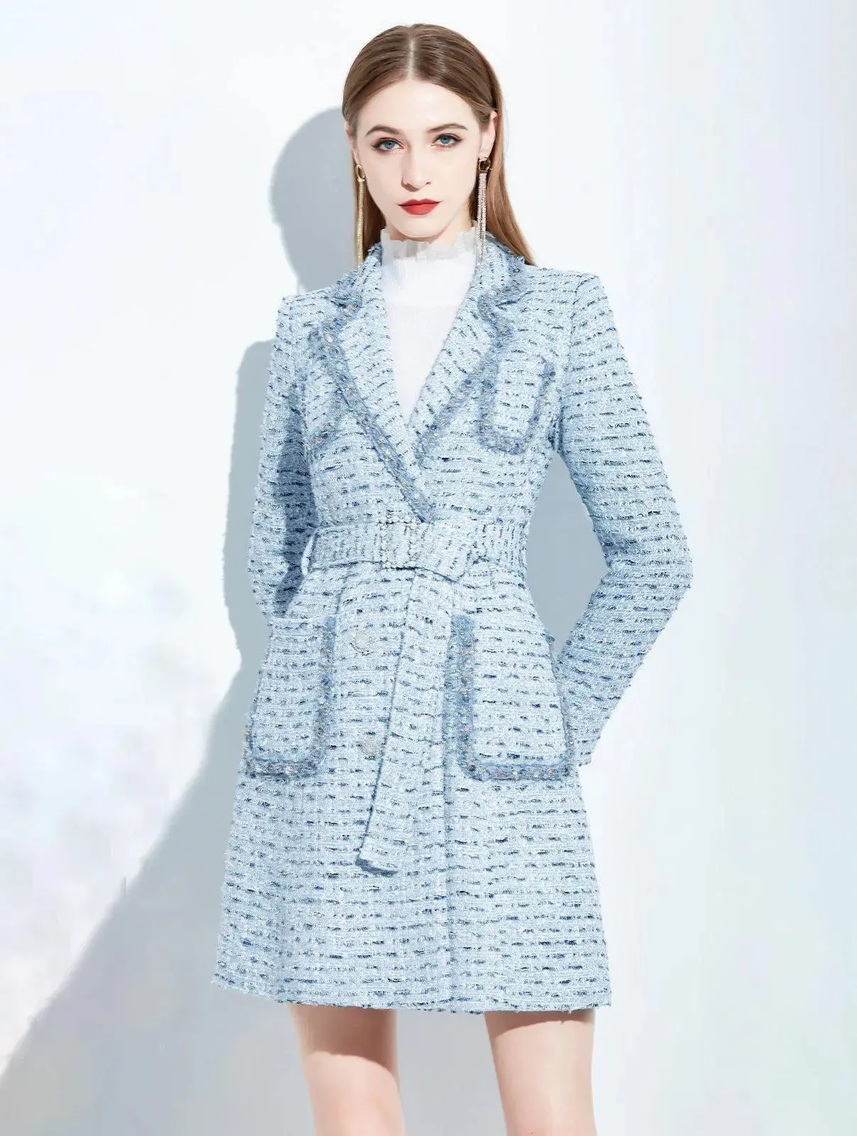 Women Blue Tweed Overcoat,winter wool coat,Blue wool coat,Wool blend wrap Coat,Tweed Long coat,Warm Winter Coat,Overcoat Women,Vivian7 C102