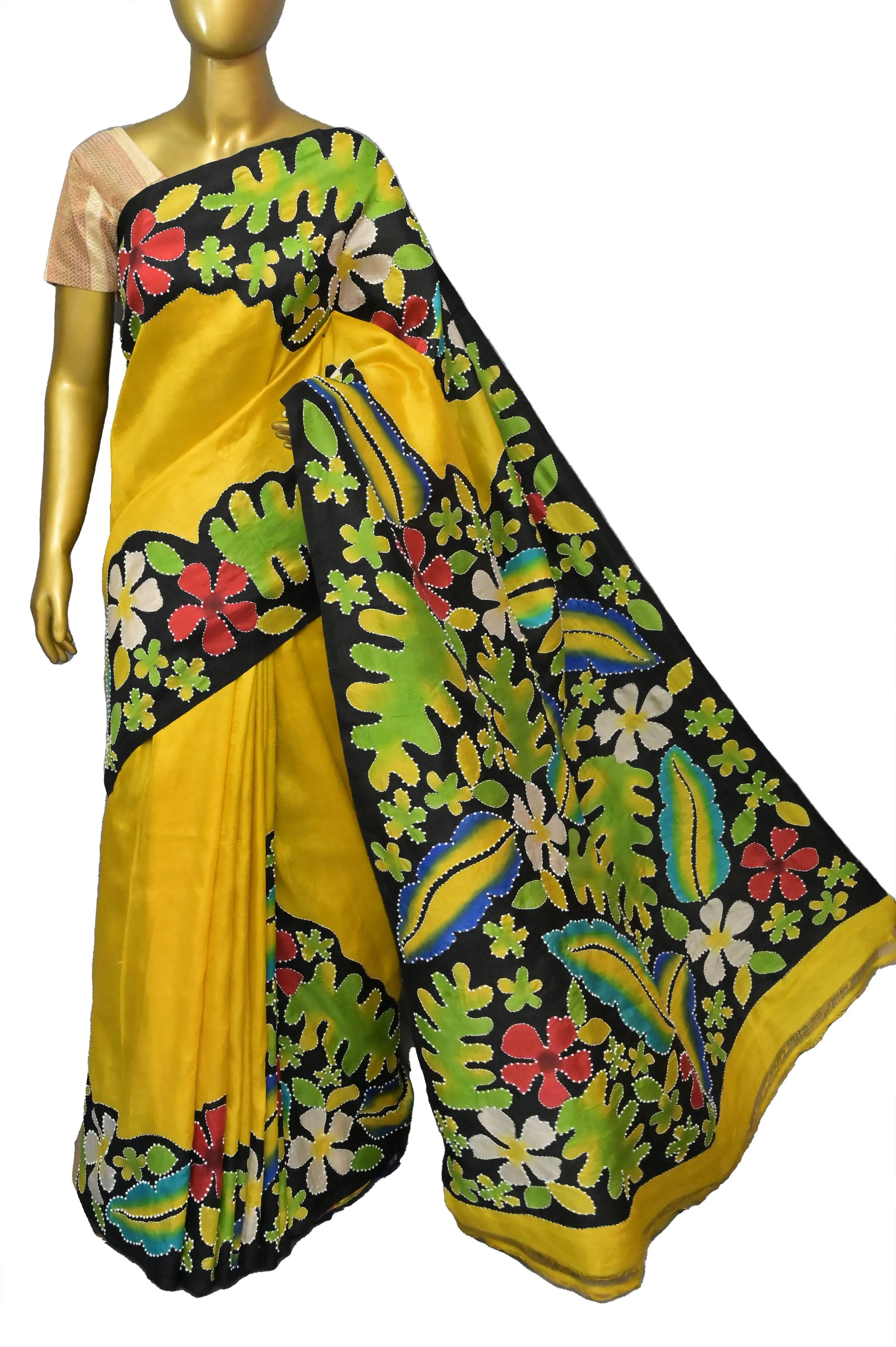 Yellow and Black Color Pure Bishnupur Katan Silk with Hand Paint and Knot Stitch