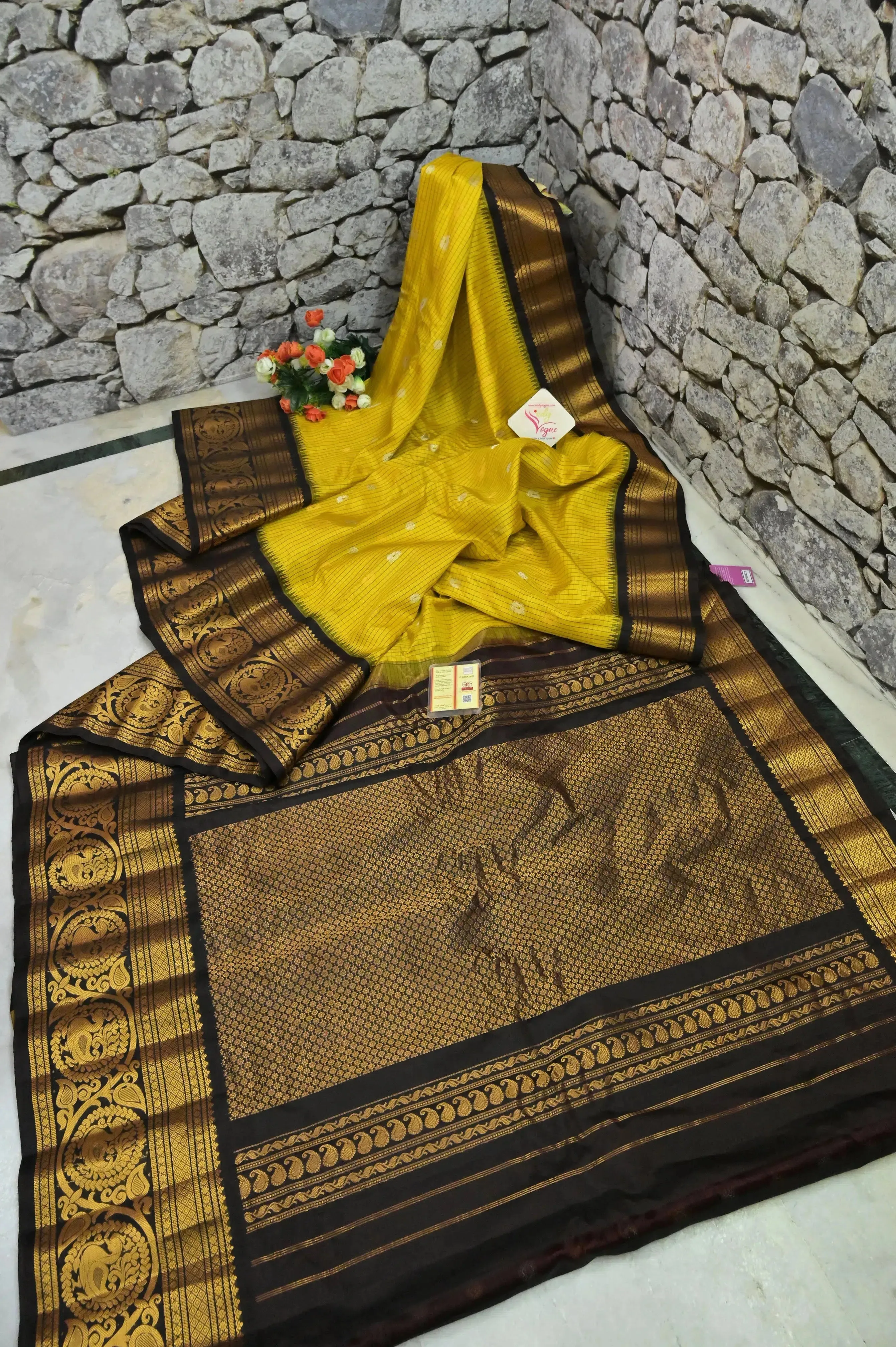 Yellow and Black Color Pure Gadwal Silk Saree with Golden and Silver Zari Buti work with Check Body