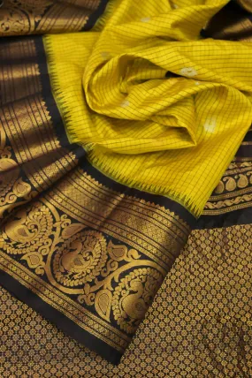 Yellow and Black Color Pure Gadwal Silk Saree with Golden and Silver Zari Buti work with Check Body