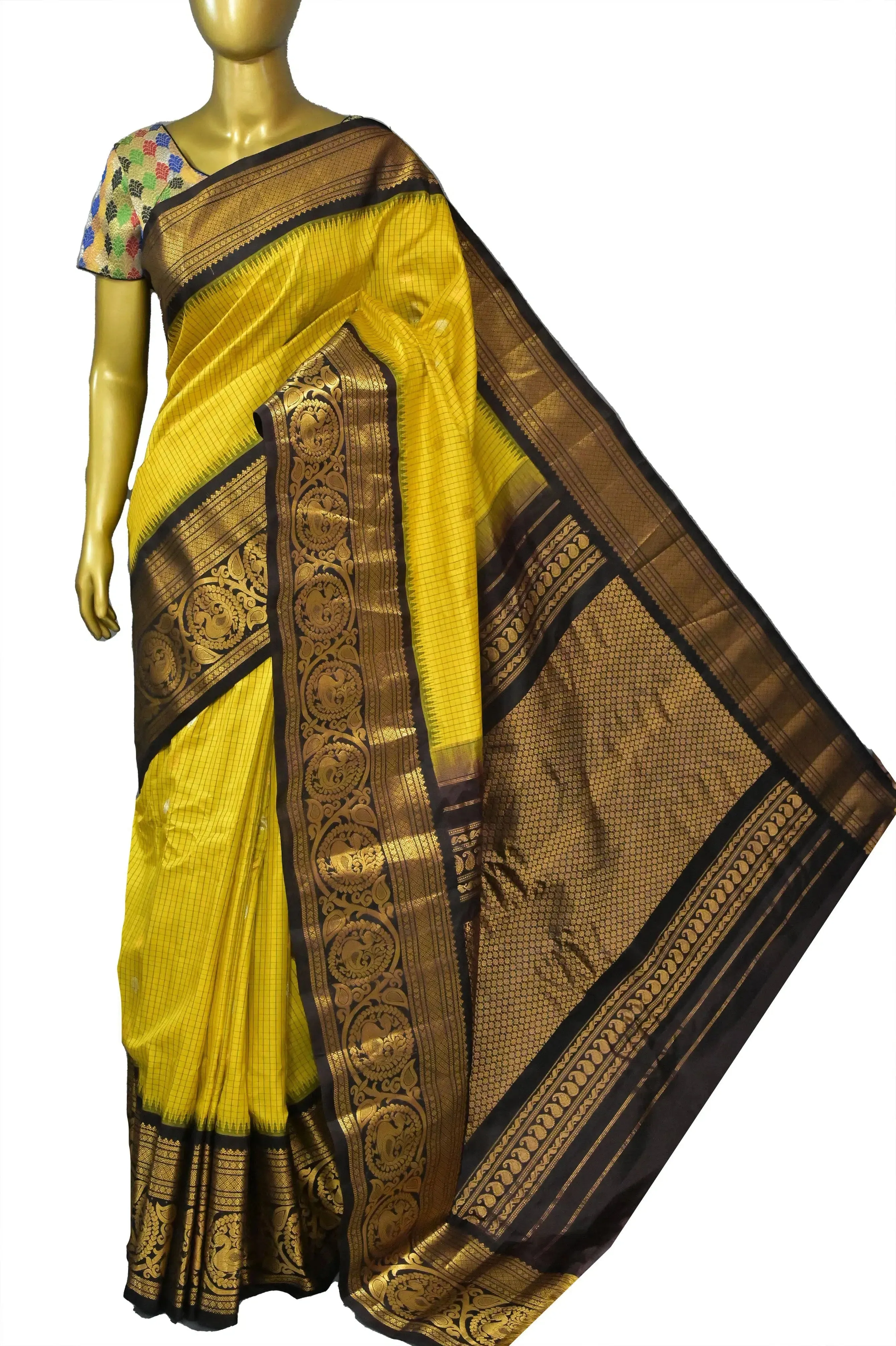 Yellow and Black Color Pure Gadwal Silk Saree with Golden and Silver Zari Buti work with Check Body