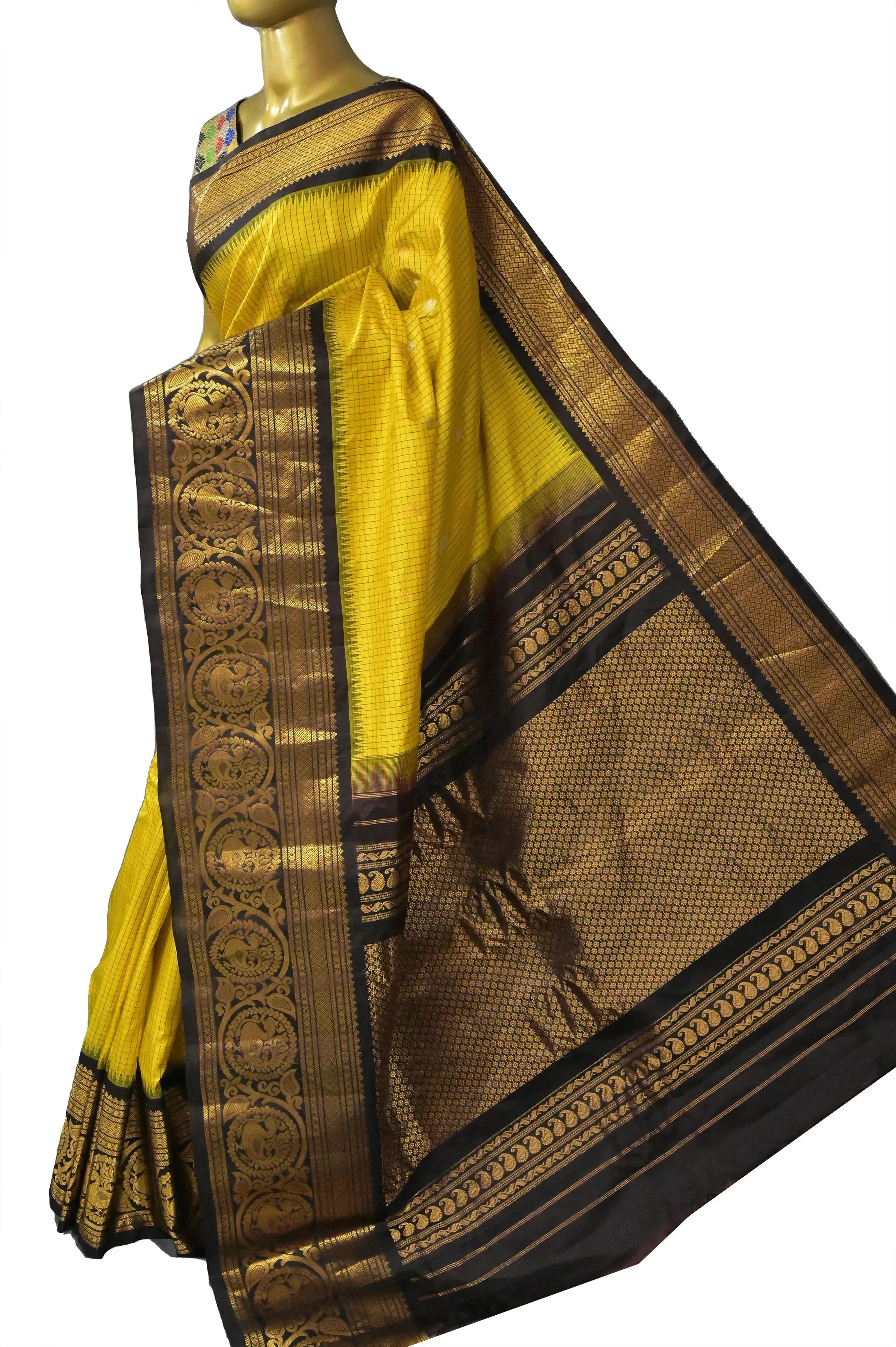 Yellow and Black Color Pure Gadwal Silk Saree with Golden and Silver Zari Buti work with Check Body