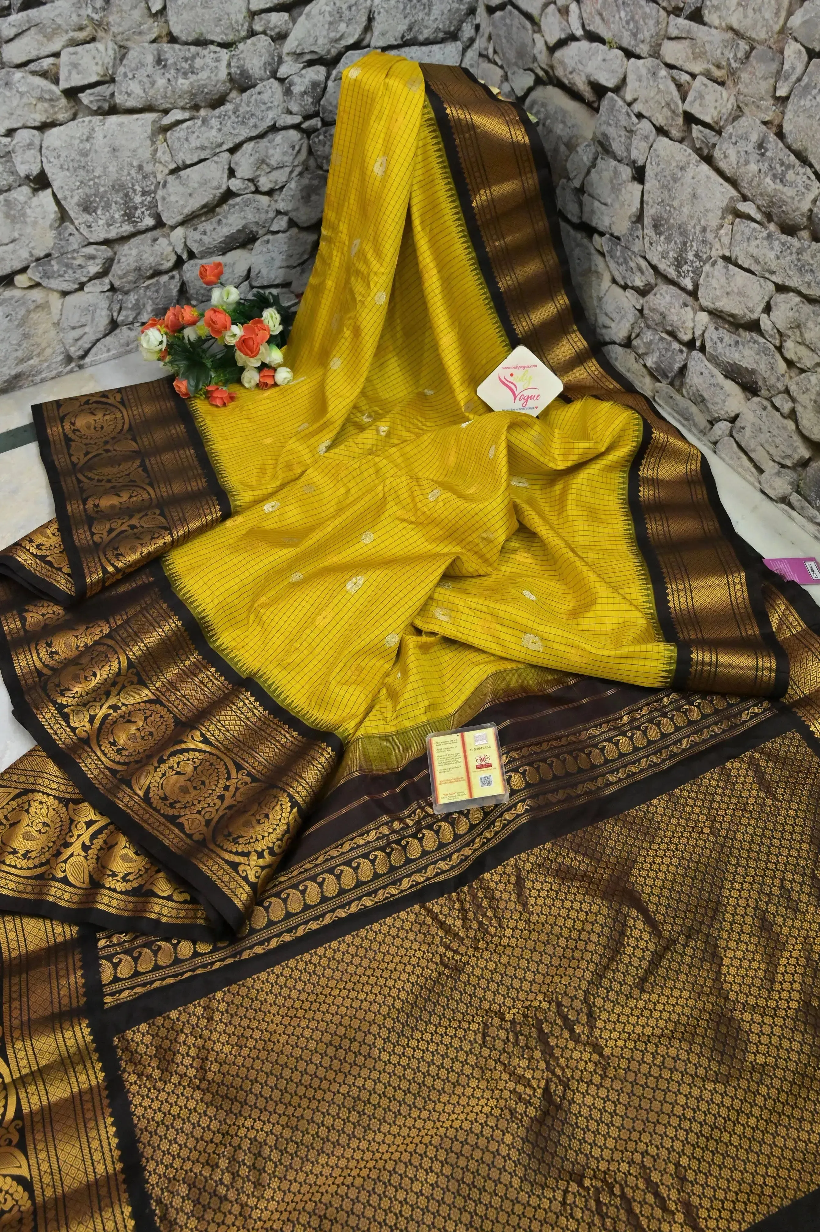 Yellow and Black Color Pure Gadwal Silk Saree with Golden and Silver Zari Buti work with Check Body