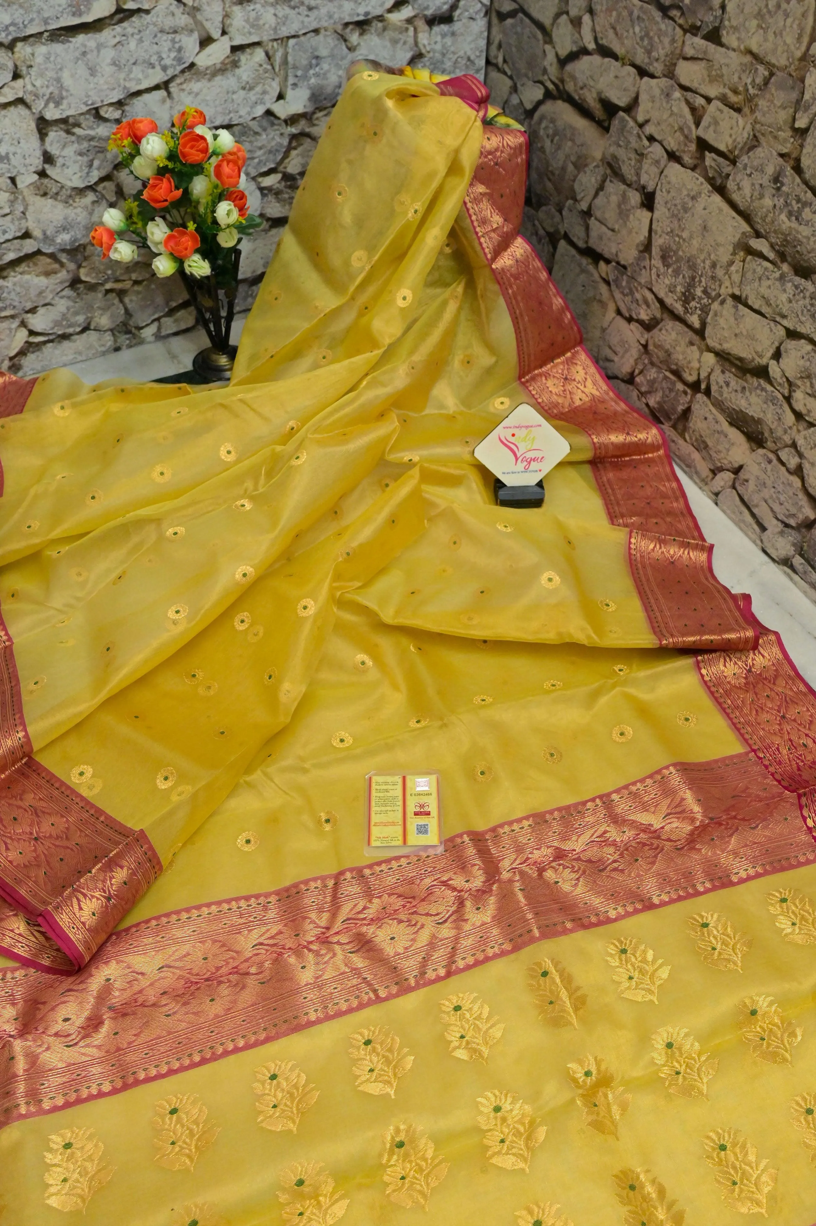 Yellow Golden Color Pure Tissue Chanderi Banarasi Saree with Meenakari