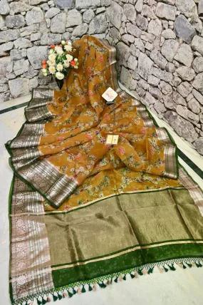 Yellow Ochre and Green Color Pure Organza Banarasi Saree with Digital Print